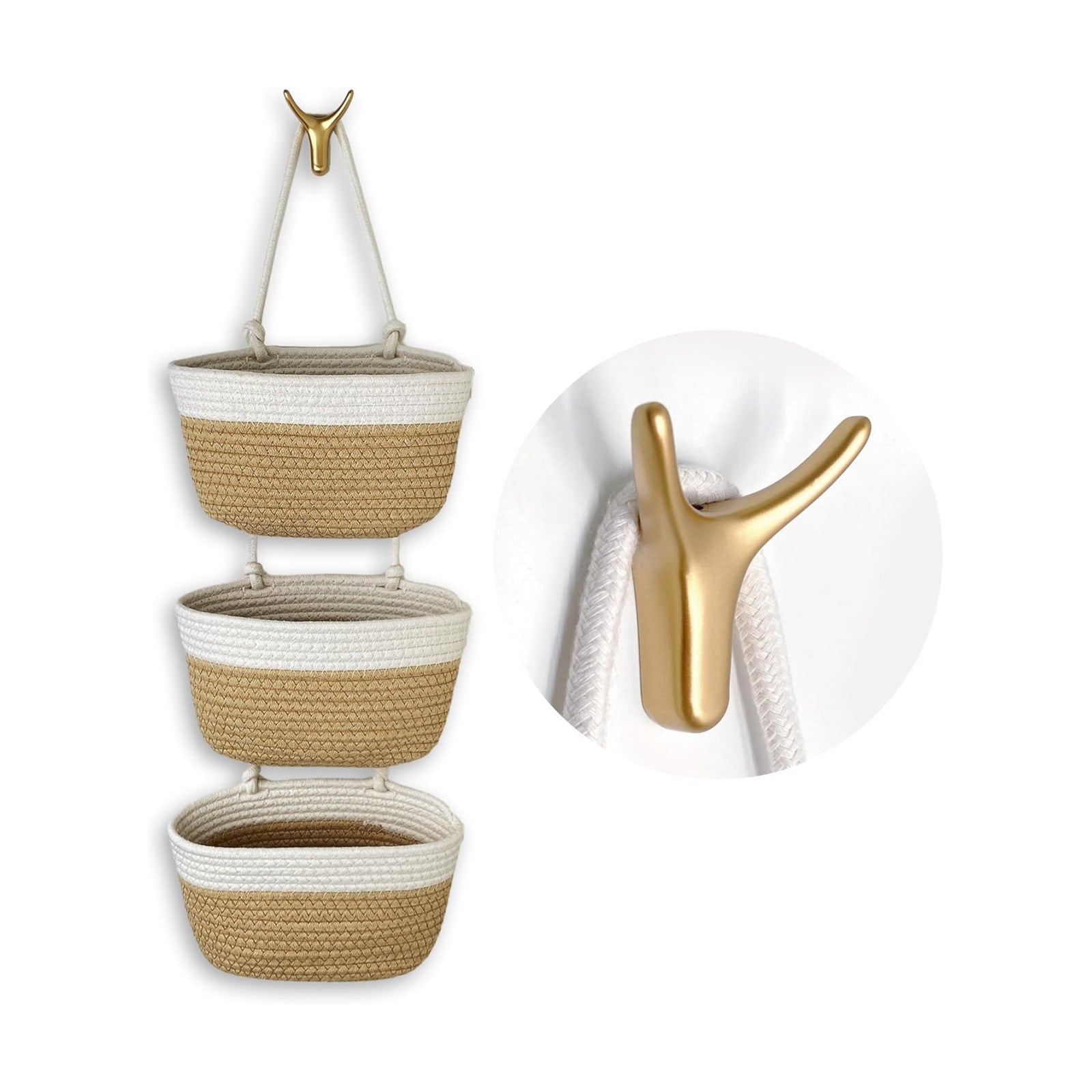Wall-Mounted Woven Storage Organizer Bag / White+jute