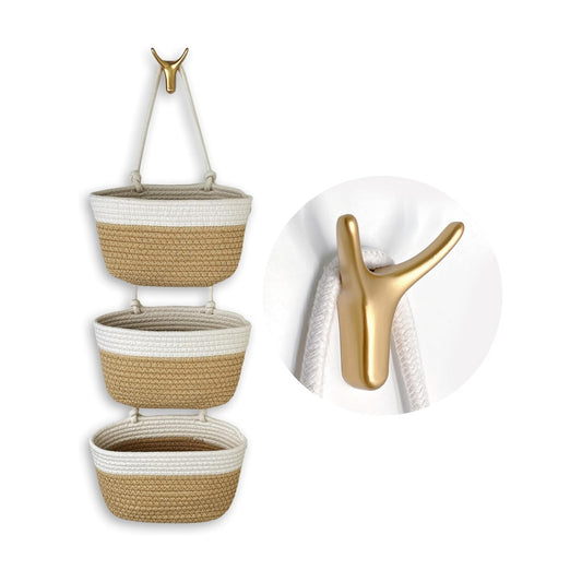Wall-Mounted Woven Storage Organizer Bag / White+jute