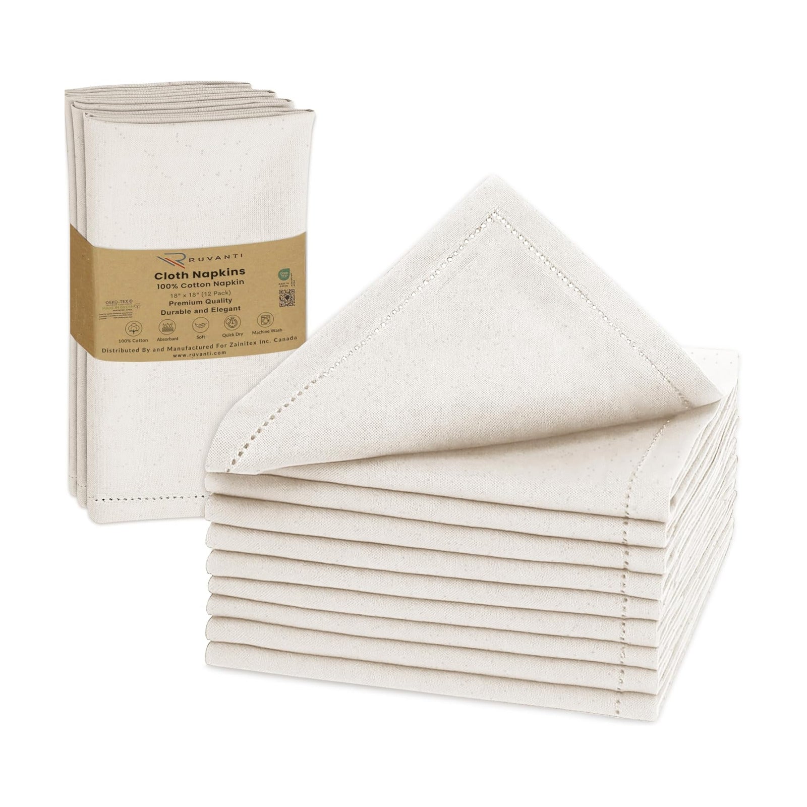 Ruvanti Cloth Napkins 12 Pack, 100% Cotton High GSM 18" x18”– Natural Color | Hem Stitch Washable, Soft, High Absorbent