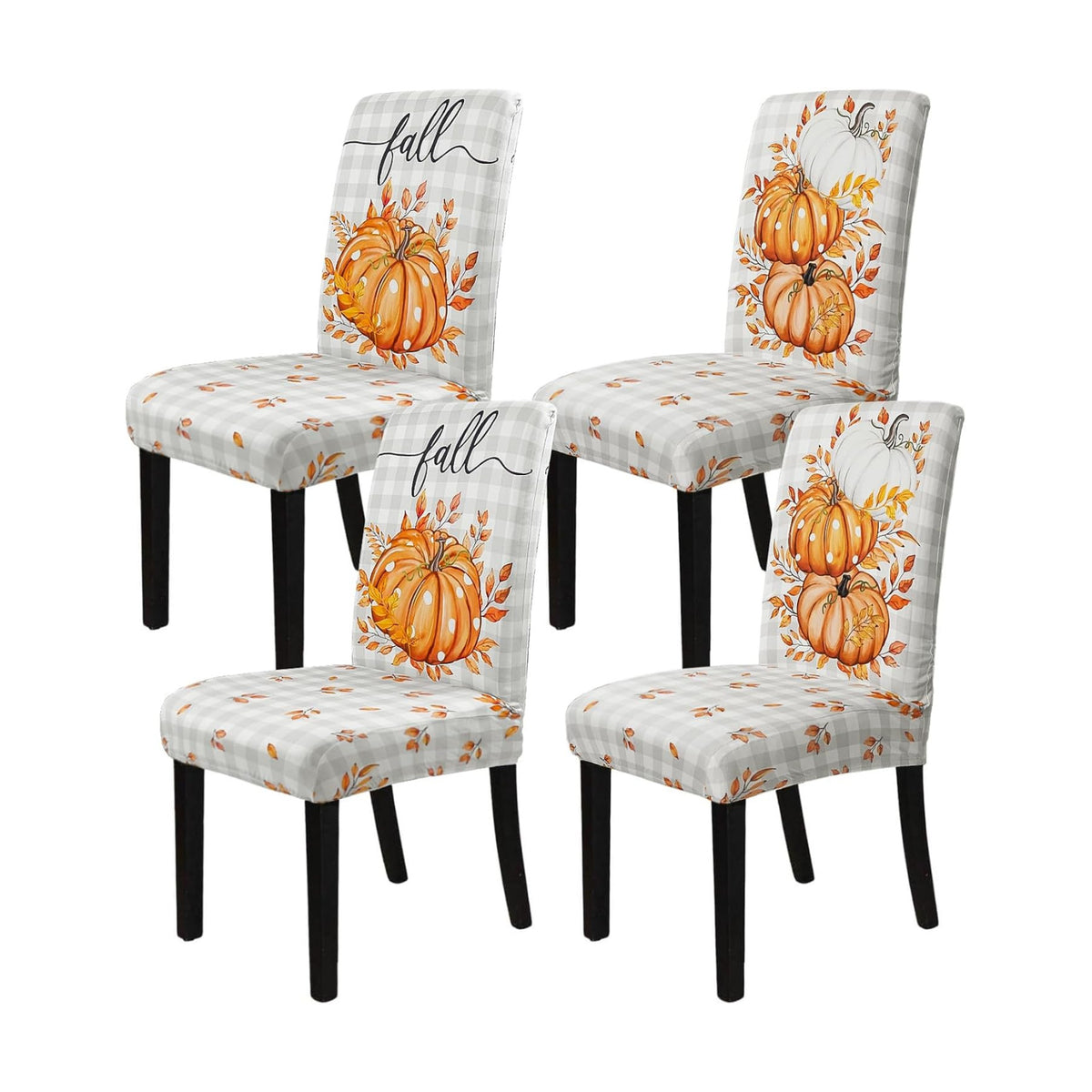 Fall Chair Covers Set of 4 Neutral Gingham Pumpkin Parsons Chair Slipcovers
