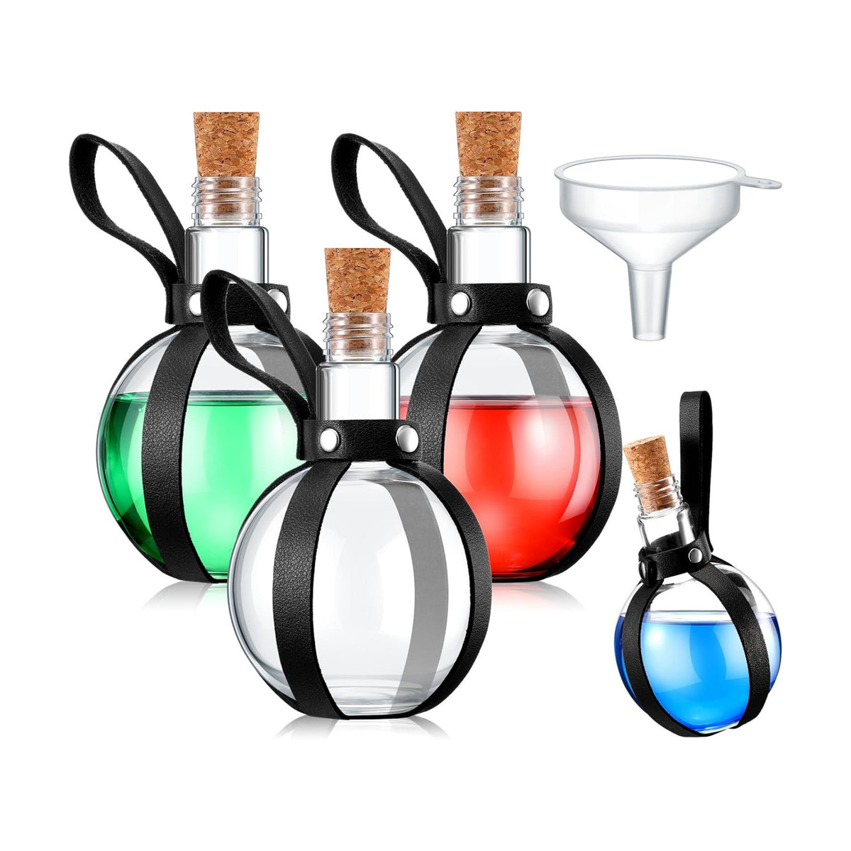Baderke 3 Set Plastic Potion Bottle with Cork Leather Belt, Black