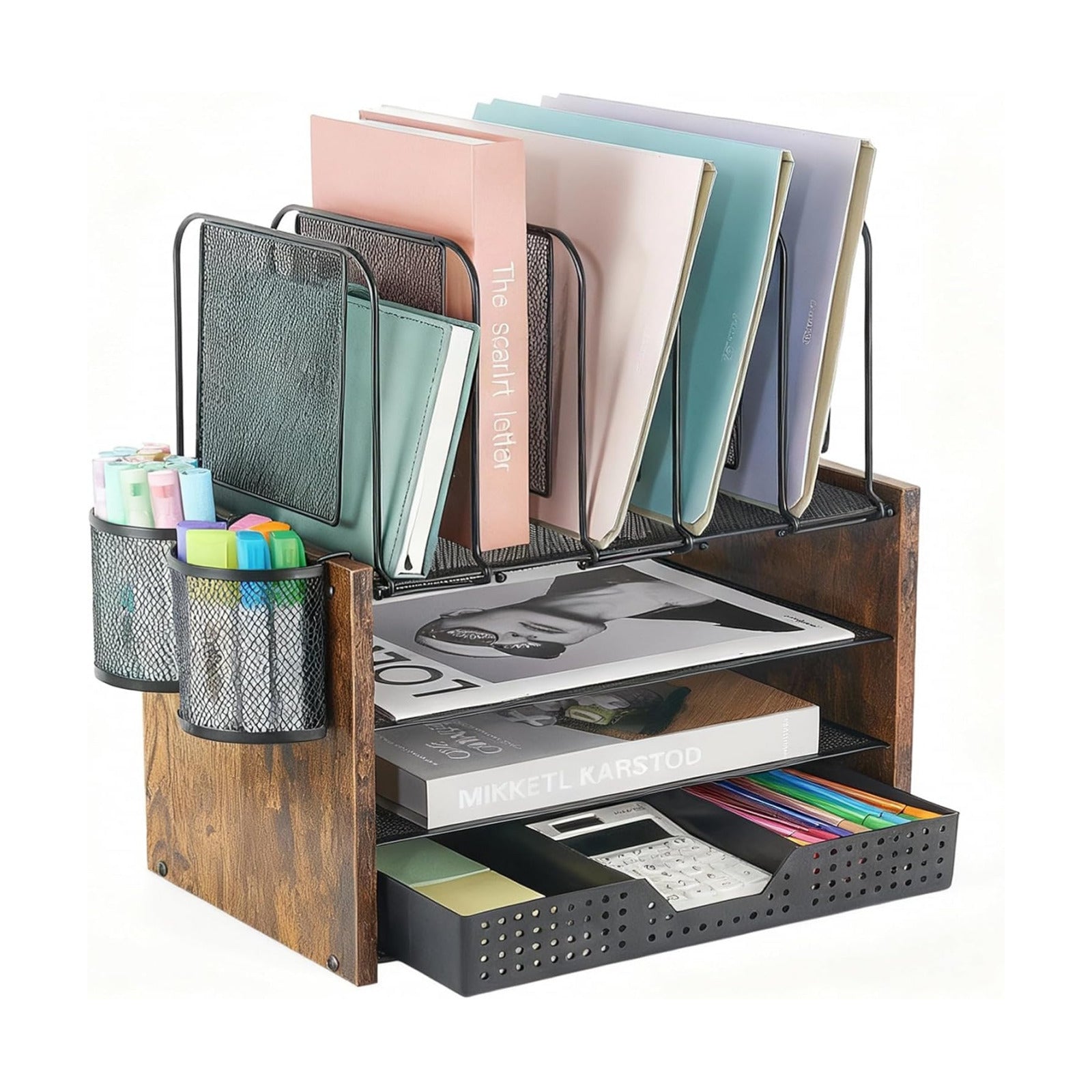 AUPSEN Desk Organizer with 5 Vertical File Holders, Storage Drawer & 2 Pen Holders, 5 Trays Paper Letter Tray