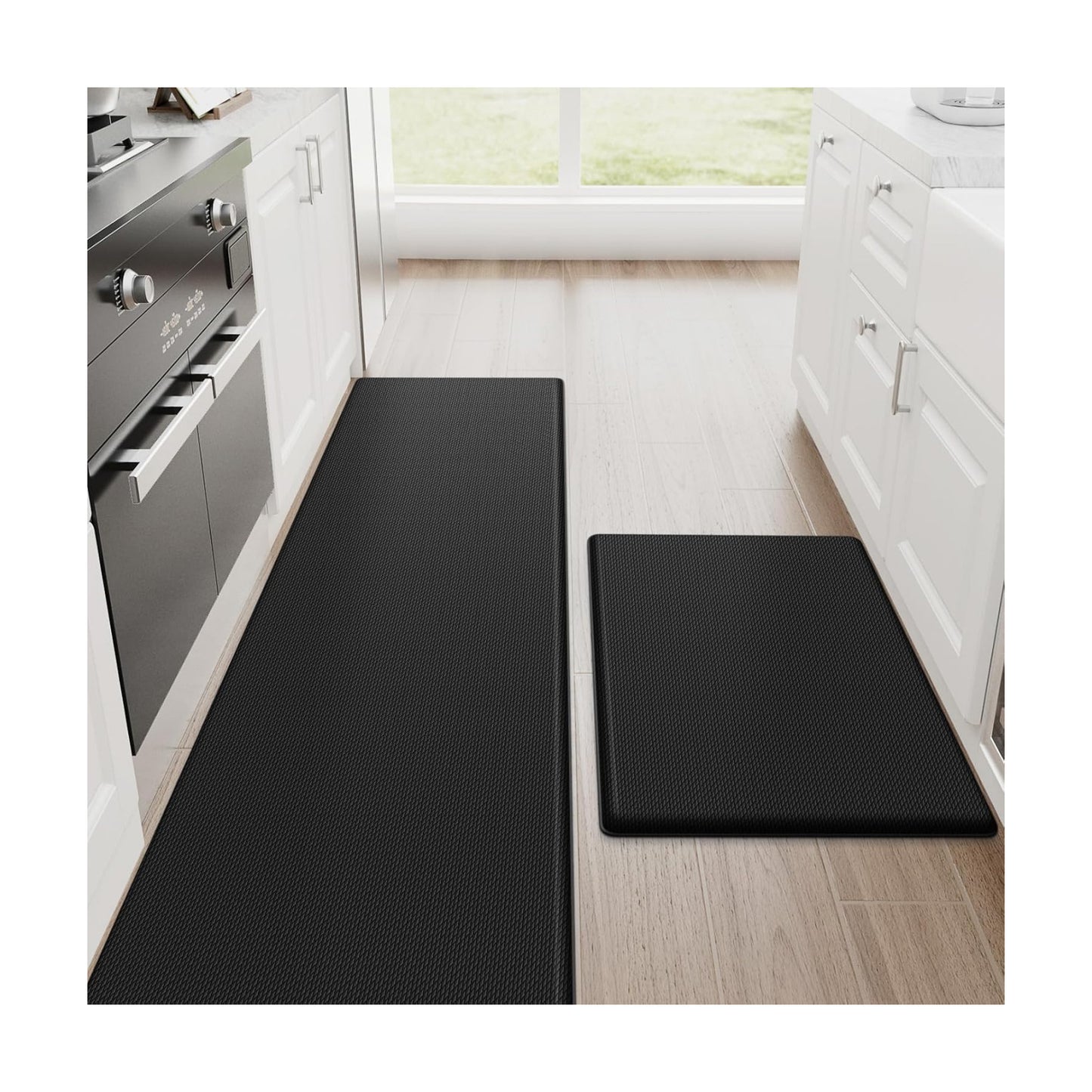 StepRite Kitchen Mats for Floor, 2-Piece Anti-Fatigue Kitchen Rugs, Black