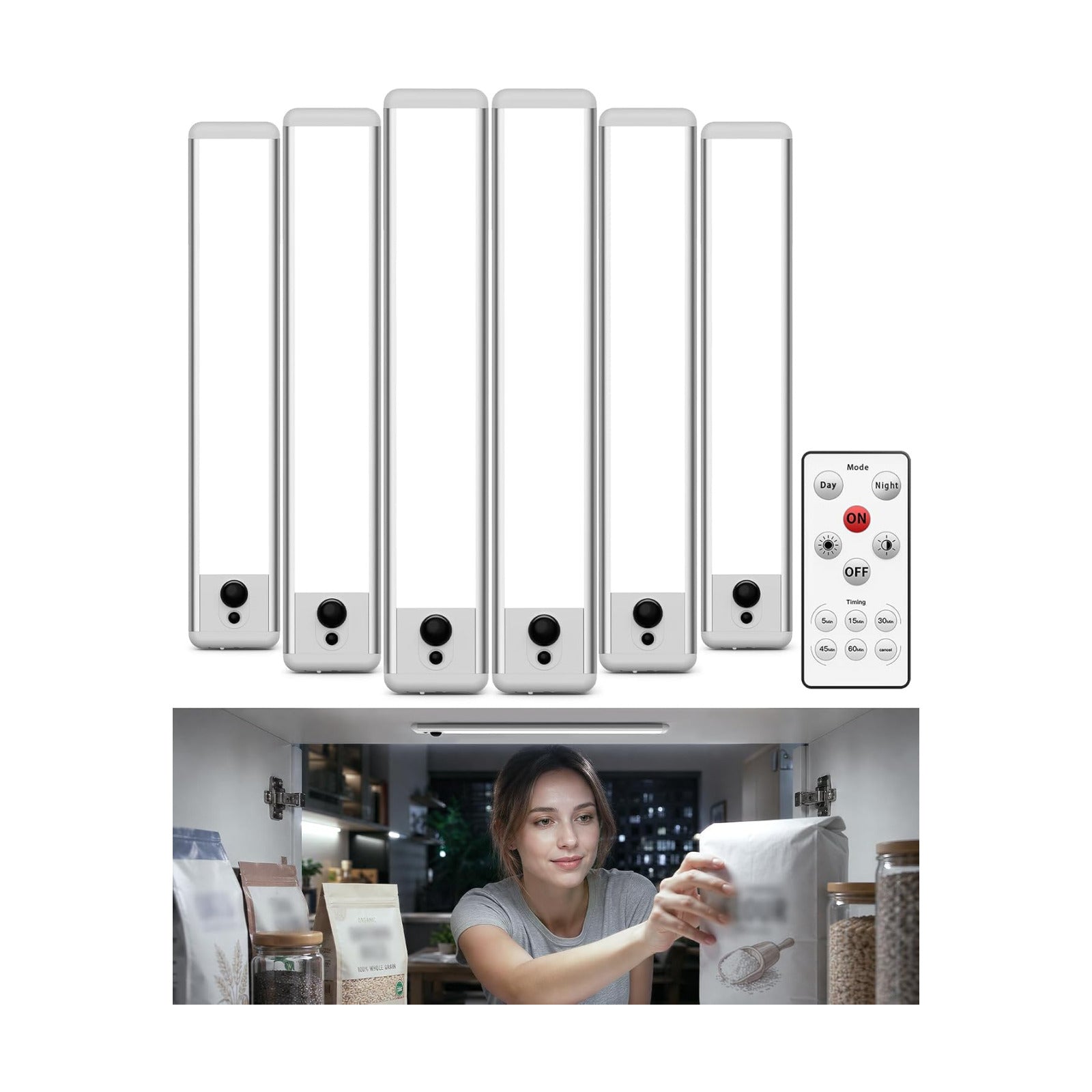 EZVALO 6 Pack Under Cabinet Lights, 14.5'' Magnetic Motion Sensor Light, 4000mAh Rechargeable Closet Light with Remote
