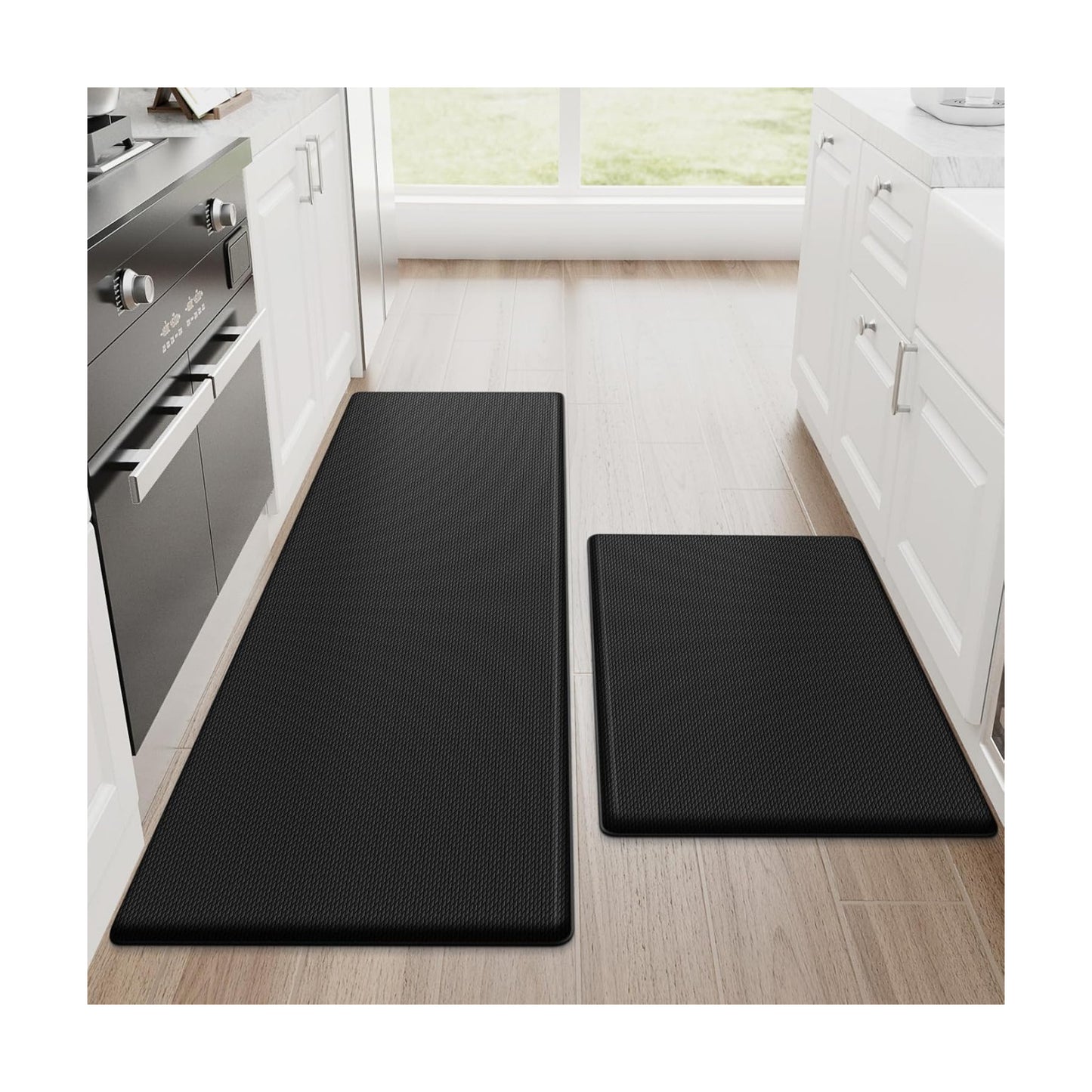 StepRite Kitchen Mats for Floor, 2-Piece Anti-Fatigue Kitchen Rugs, Black