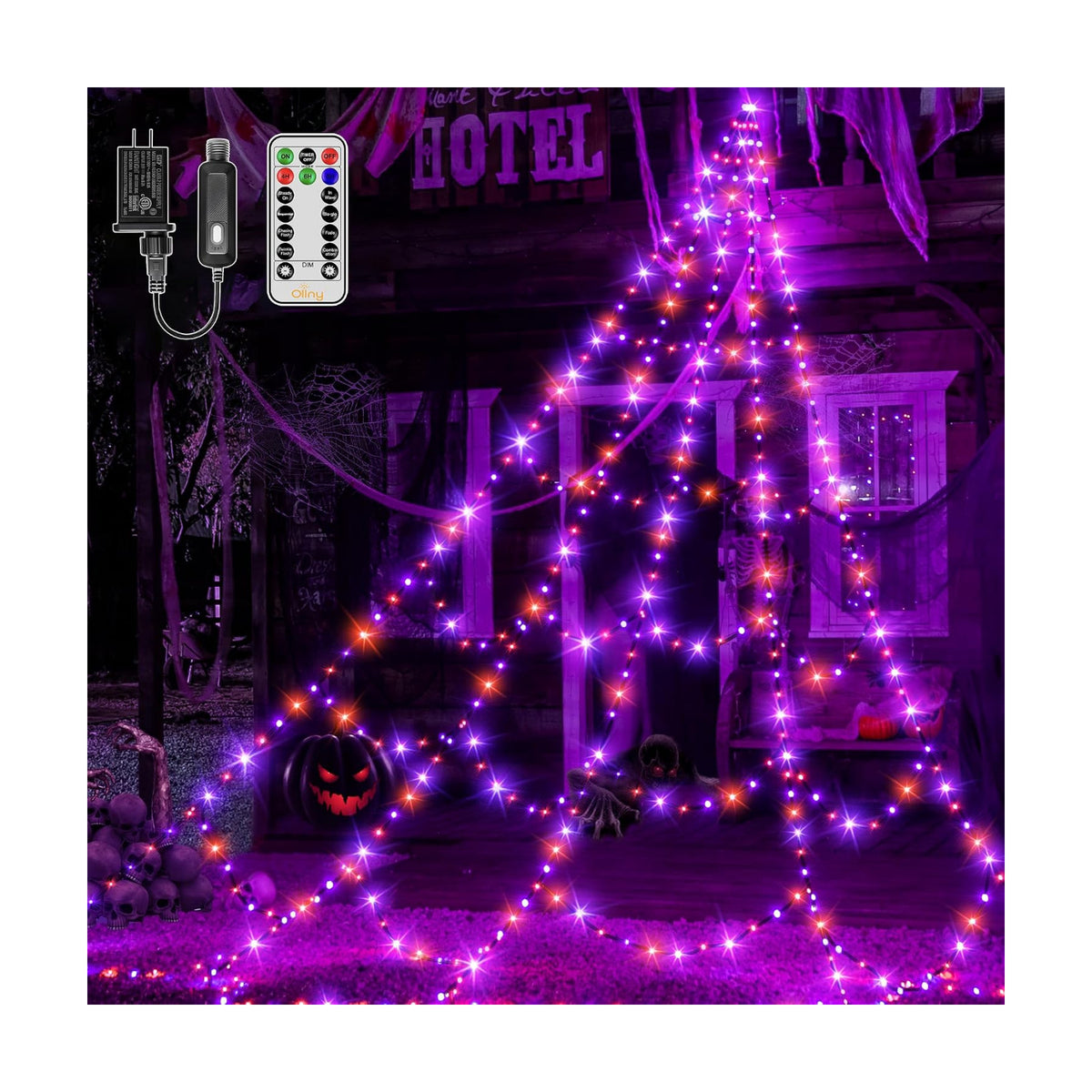 Ollny Halloween Lights Outdoor 266 LEDs Spider Web Lights Orange & Purple