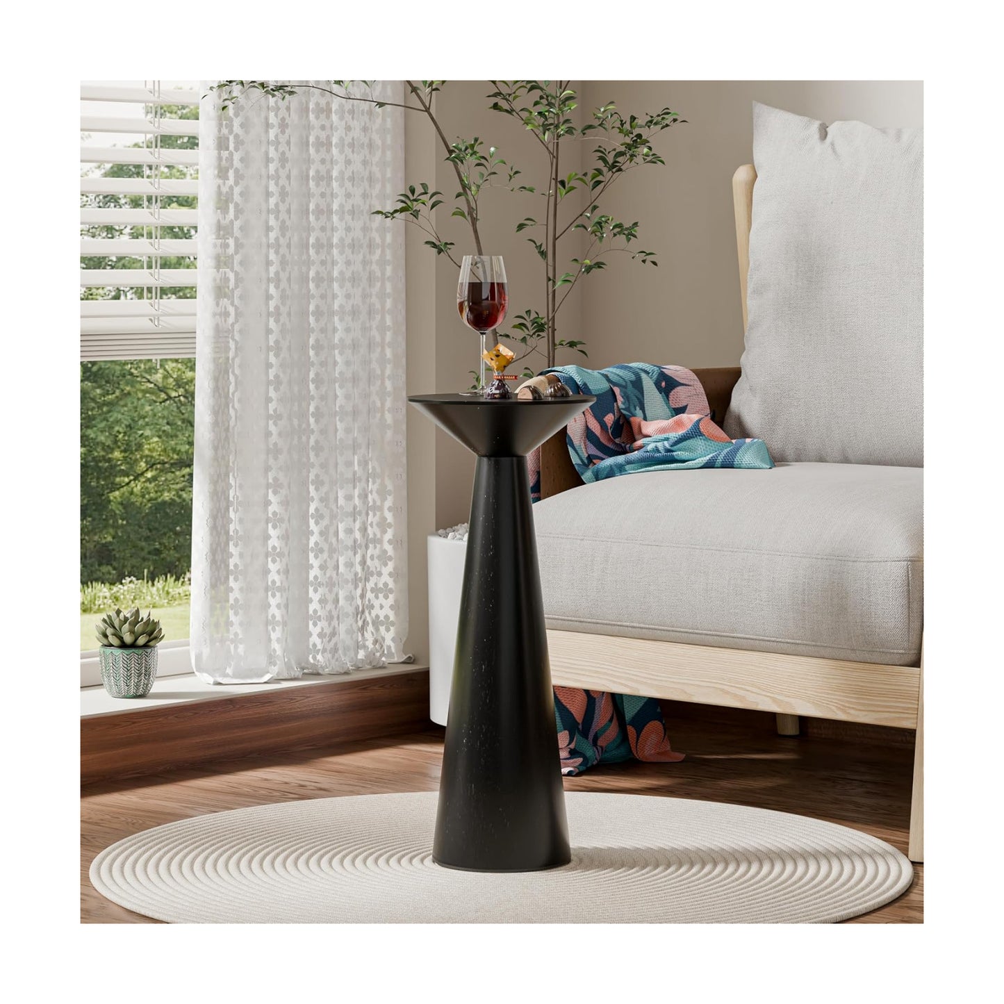 Farmhouse Tall Pedestal End Table Small Solid Wood Martini Table Plant Stand Modern Round / Black