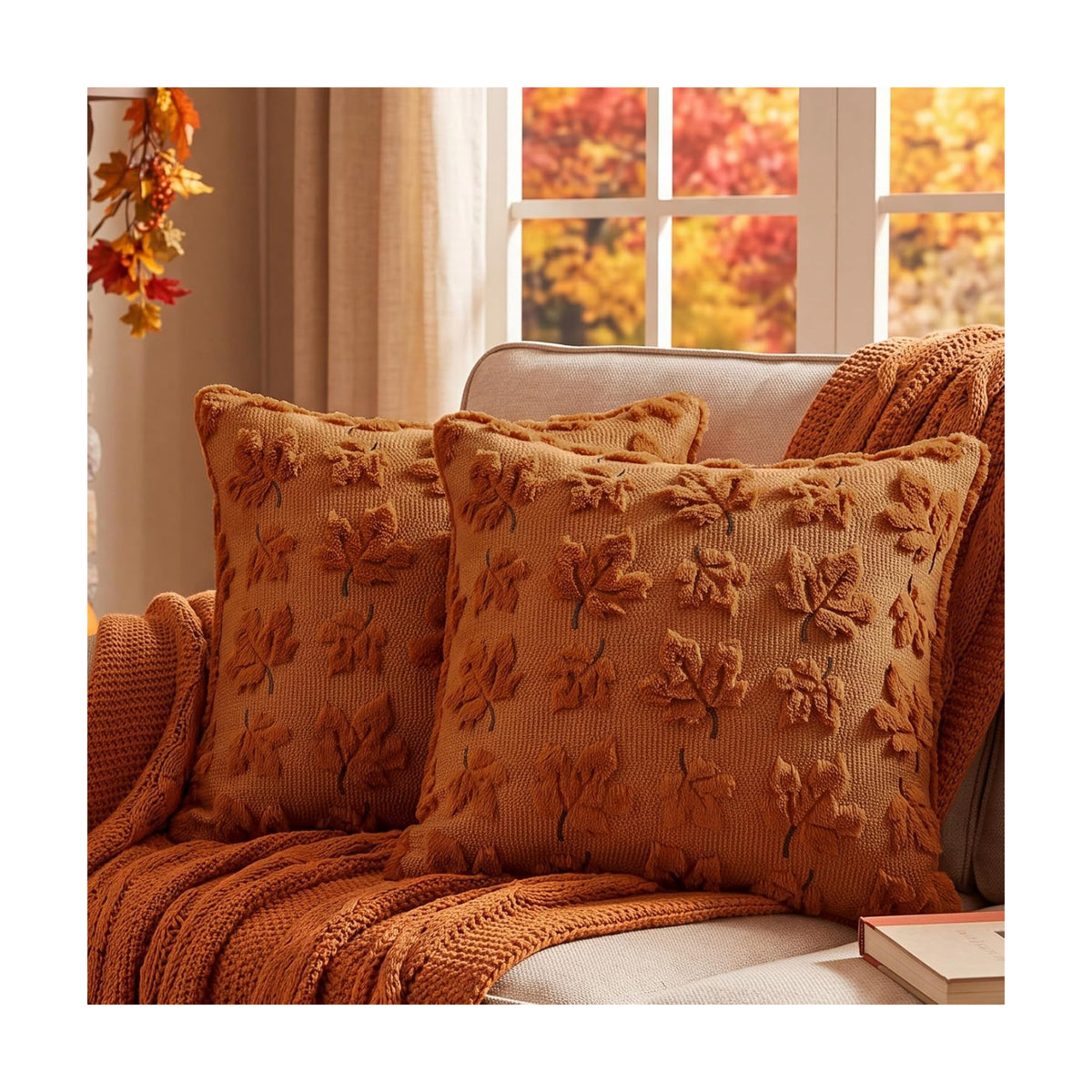 Fall Throw Pillow Covers 20x20 Set of 2 Rust Orange Plush Maple Leaf