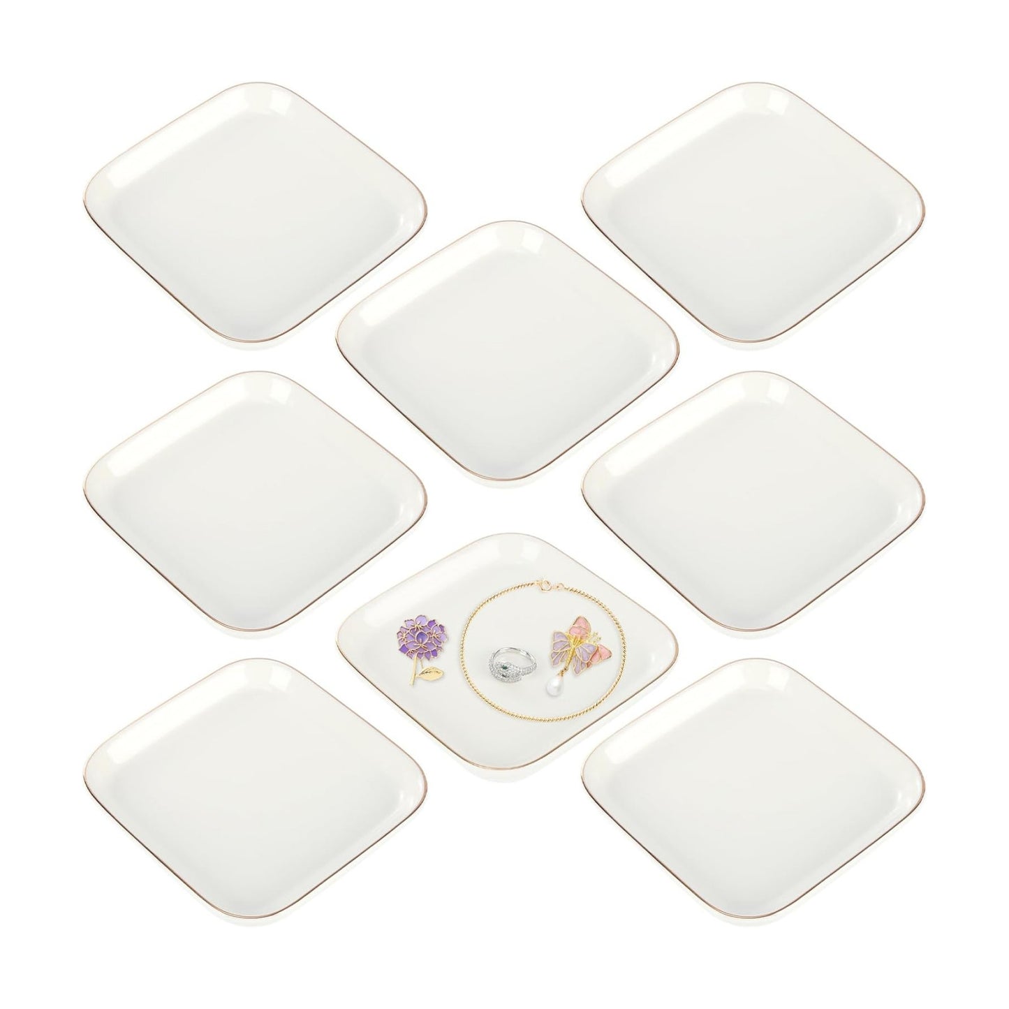 Ceramic Jewelry Tray in Jewelry Dish for Women / White Square / 4.4 Inch / Set of 8