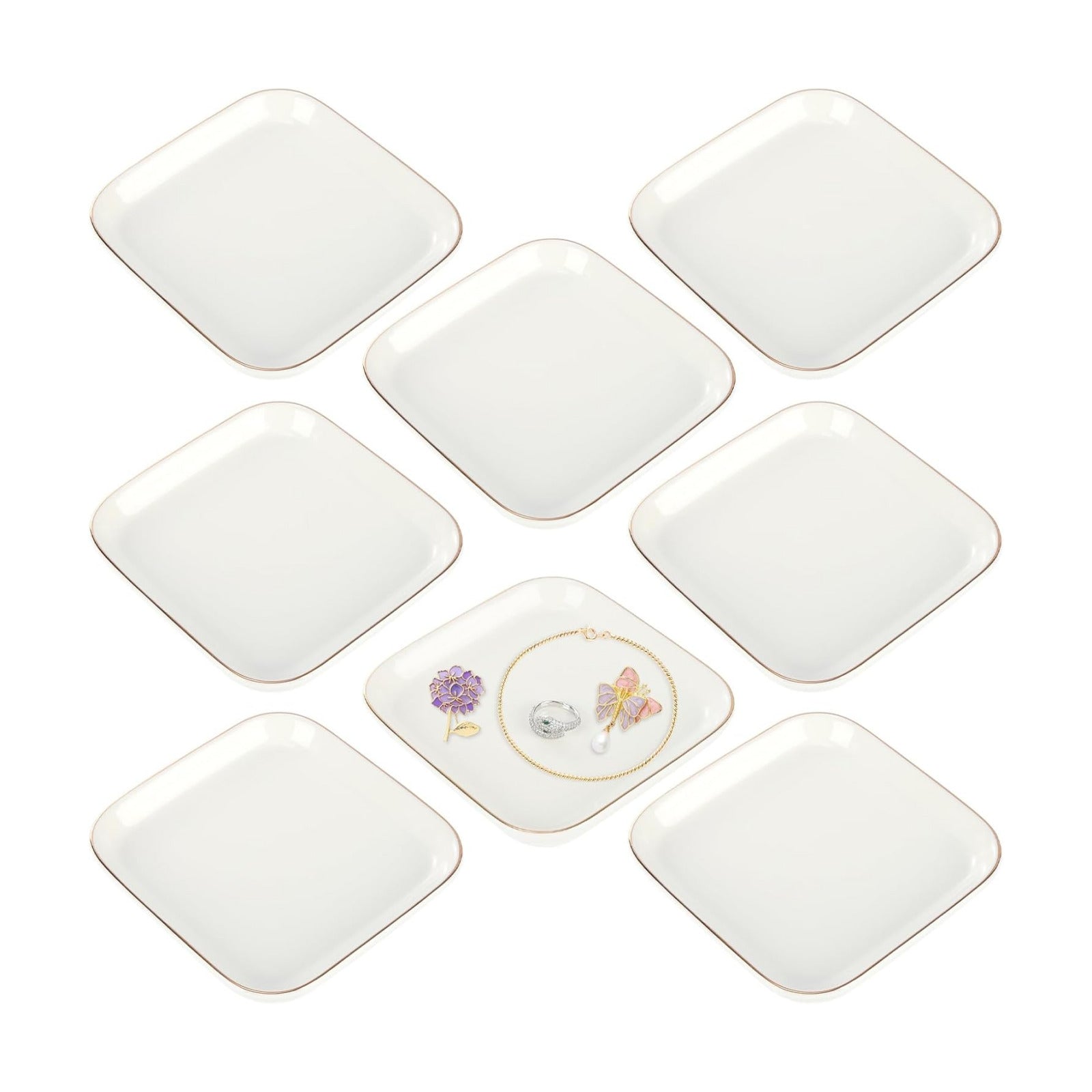 Ceramic Jewelry Tray in Jewelry Dish for Women / White Square / 4.4 Inch / Set of 8