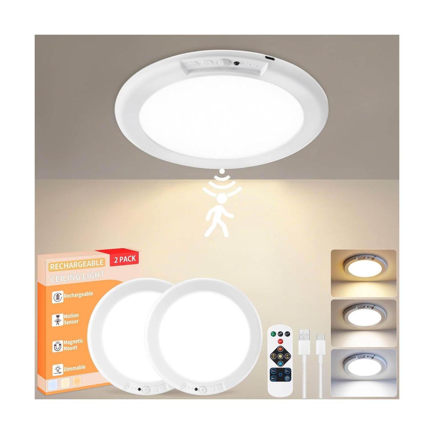 KYEKIO 2Pack Rechargeable LED Ceiling Light/Shower Light with Remote | Motion Sensor, Wireless Magnetic Easy-Install, 3