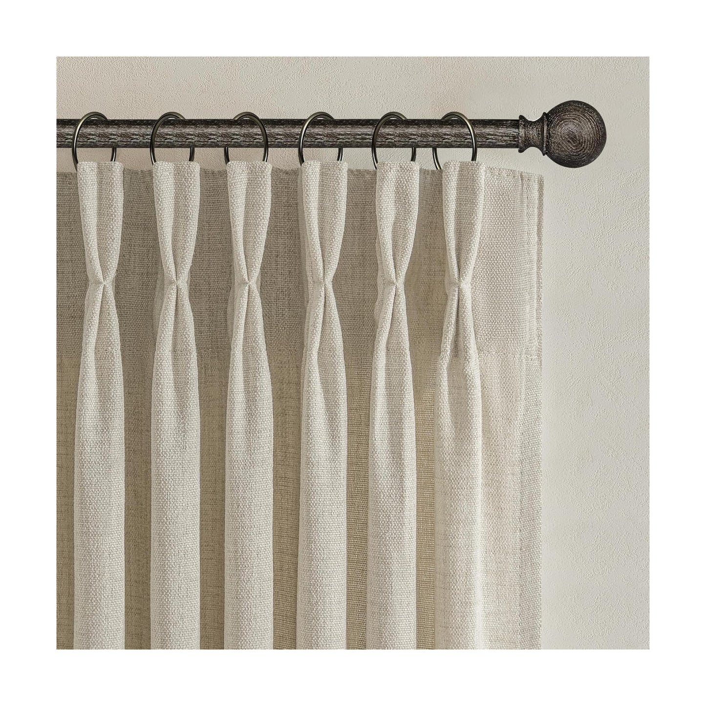 Warm Beige Light Filtering Curtains 63 Inches Long for Kitchen Window Over Sink, Natural Linen Blend Pinch Pleated