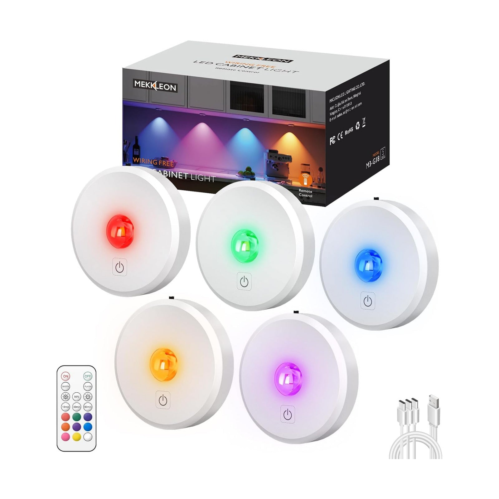 RGB Puck Lights with Remote Control,Under Cabinet Lighting,white,5PCS | 2000mAh Battery Operated Tap Lights