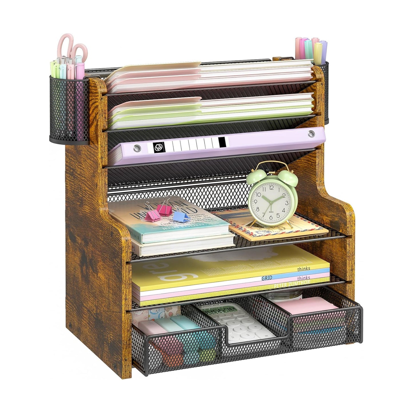 DAOUTIME 6-Tier Mesh Desk Organizer with Drawer, Wooden Office Organizer for Papers, Folders & Office Supplies - Sturdy