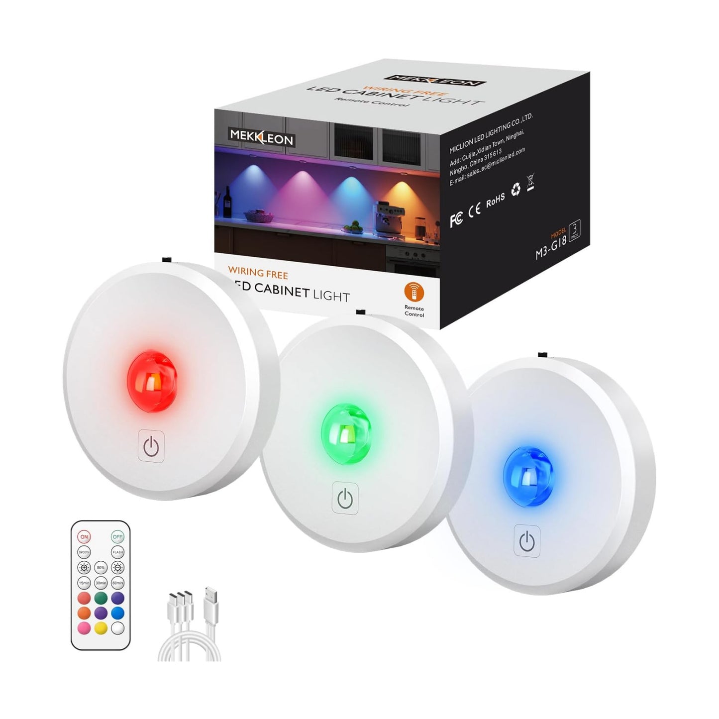 RGB Puck Lights with Remote Control,Under Cabinet Lighting,white,3 PCS | 2000mAh Battery Operated Tap Lights