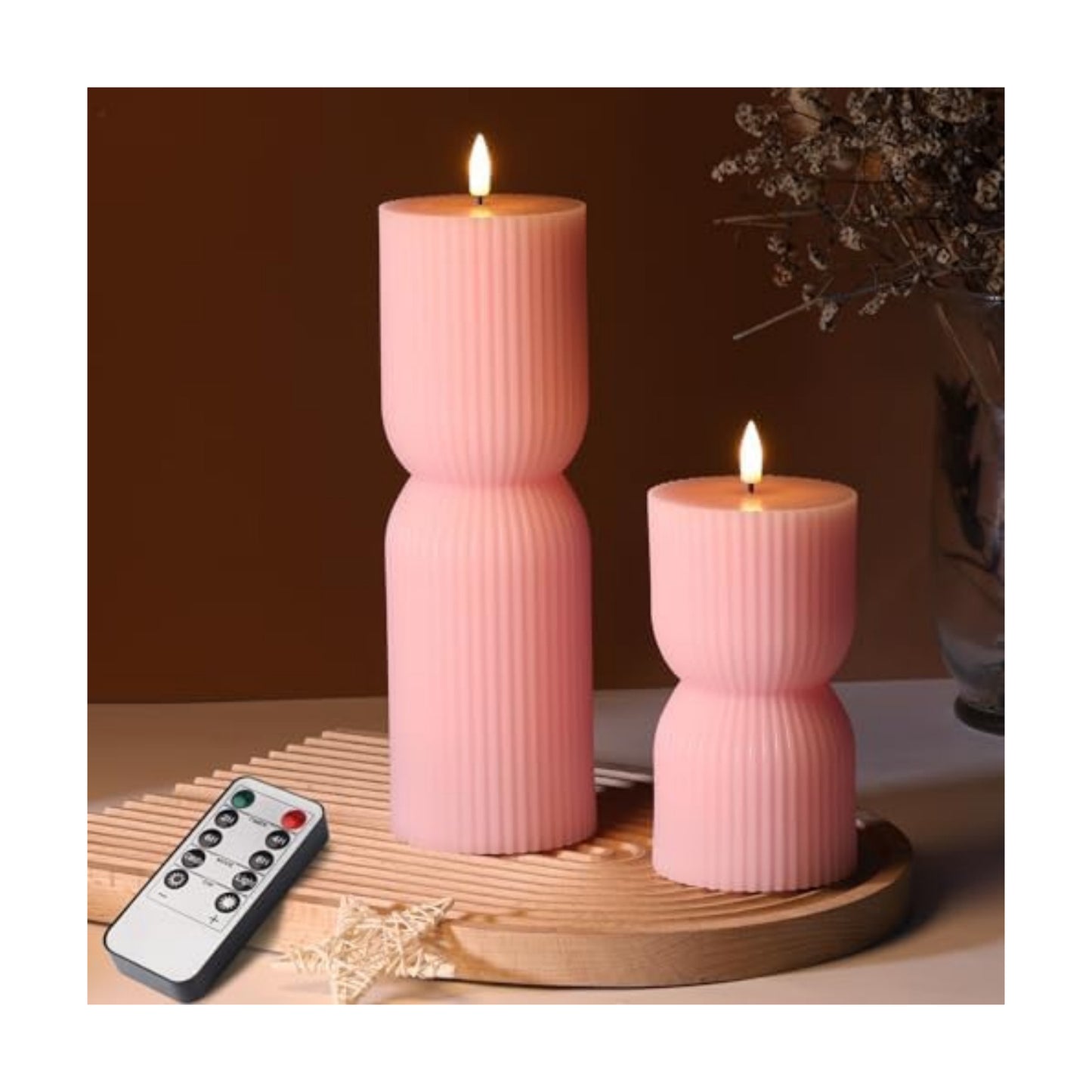 Pink Ribbed Flameless Pillar Candles with Remote Set of 2