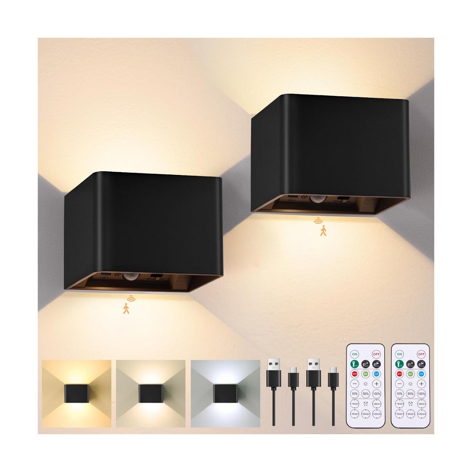 Rechargeable Motion Sensor Wall Lights, Black Battery Operated Wall Sconces | Touch&Remote Control, 3Colors & Dimmable