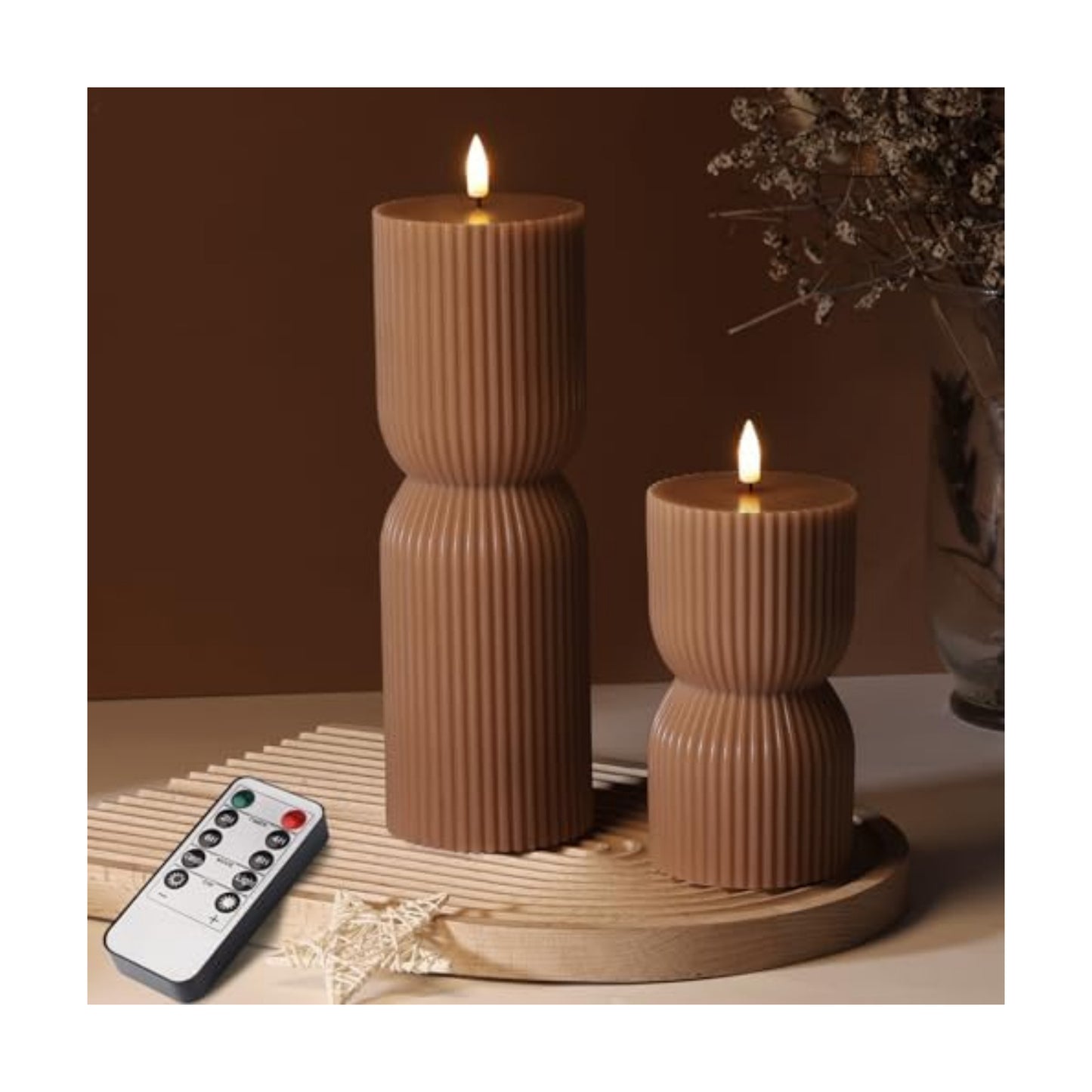 Brown Ribbed Fall Flameless Pillar Candles with Remote Set of 2