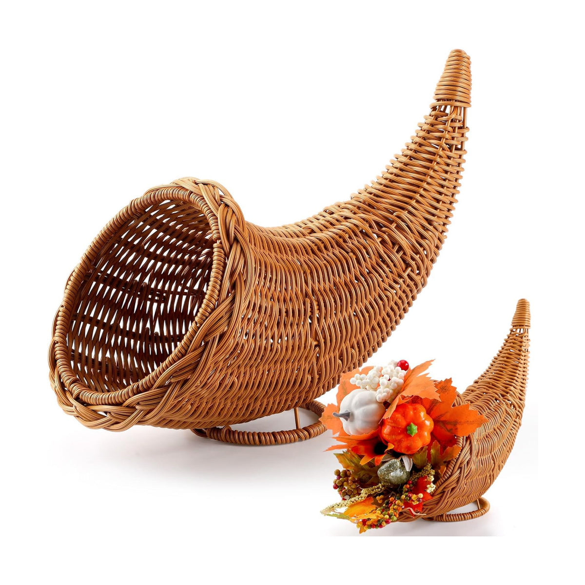Dandat Cornucopia Basket Rattan 13.78" Horn Plenty Thanksgiving Decor