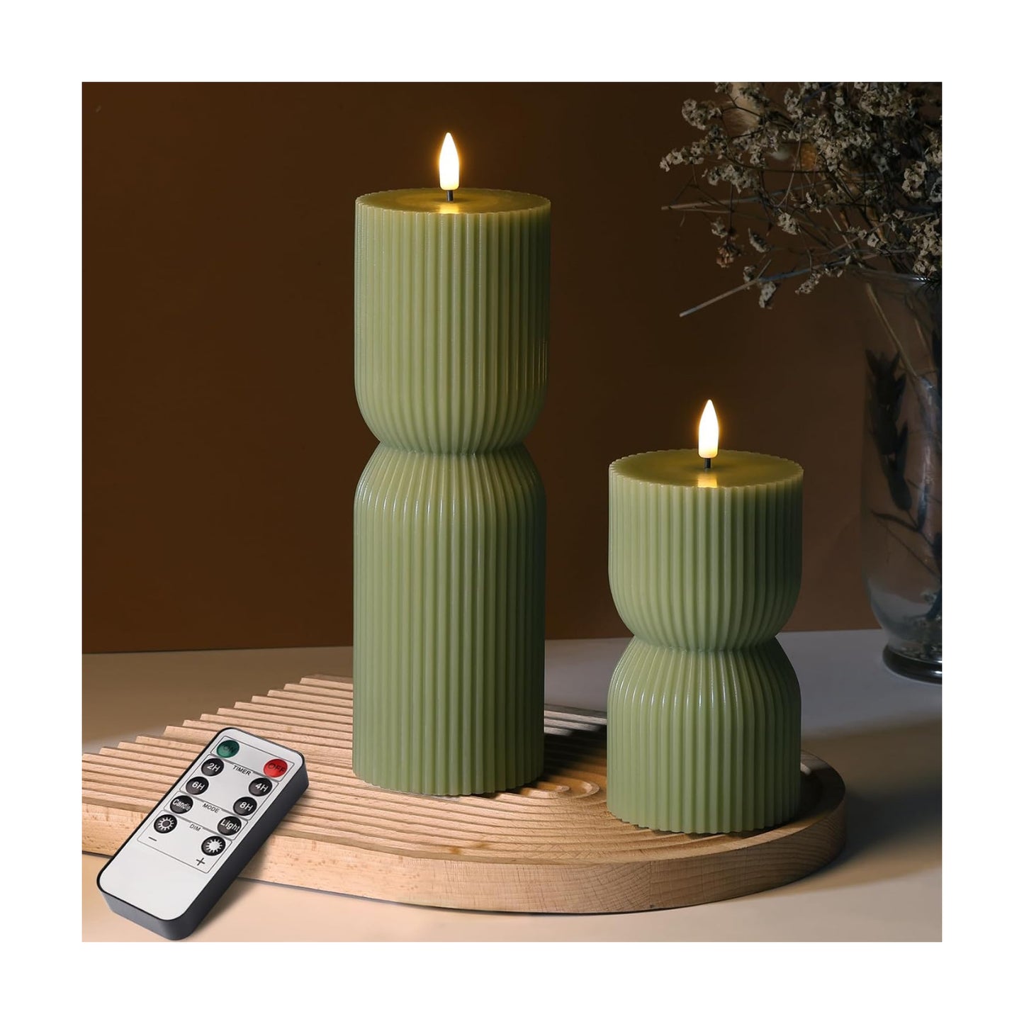Ribbed Flameless Pillar Candles / Olive Green / Set of 2