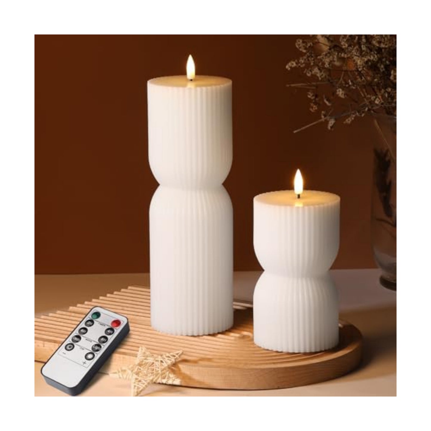 White Ribbed Flameless Pillar Candles with Remote Set of 2