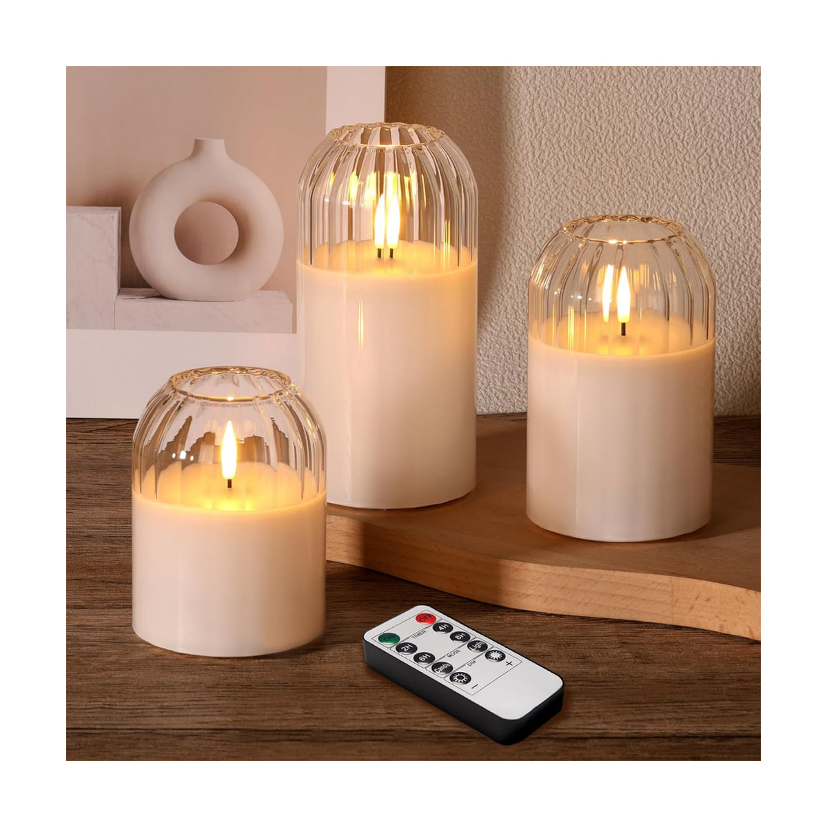 Clear Glass Flameless Pillar Candles with Remote Timer Set of 3 | Flickering LED Candles, Home Shelf Table Accent