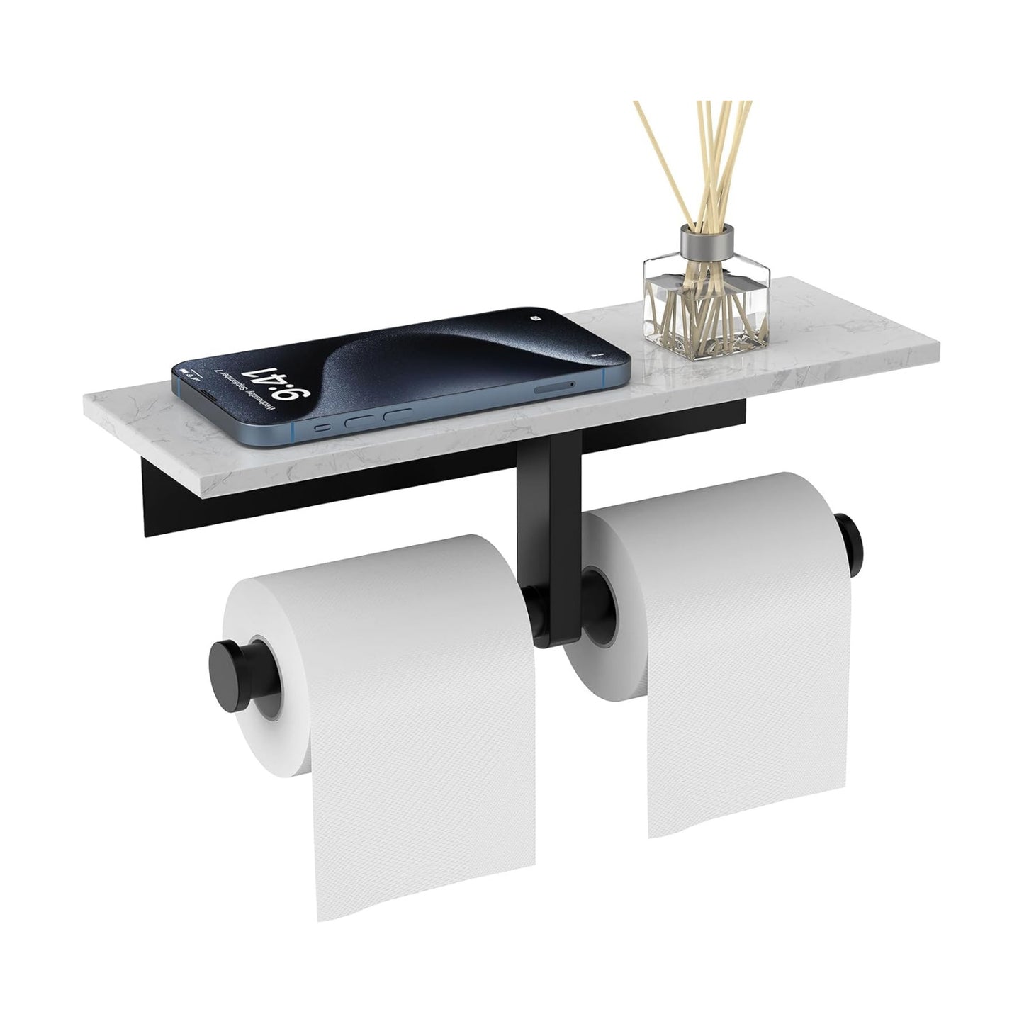 Marble Toilet Paper Holder with Shelf Doulble Bathroom Tissue Roll Holder | Matte Black 304 Stainless Steel Toilet
