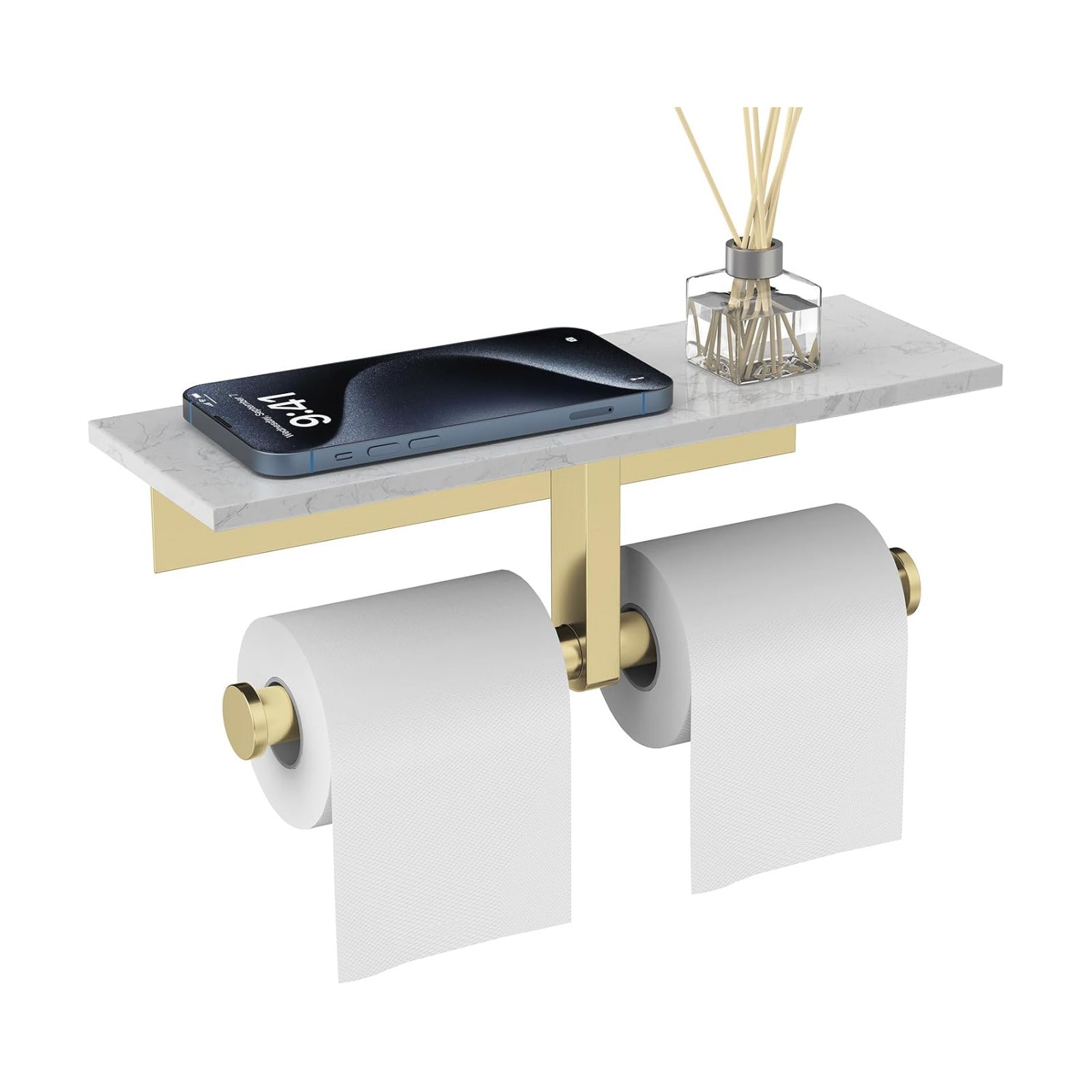 Marble Toilet Paper Holder with Shelf Doulble Bathroom Tissue Roll Holder | Brushed Gold 304 Stainless Steel Toilet
