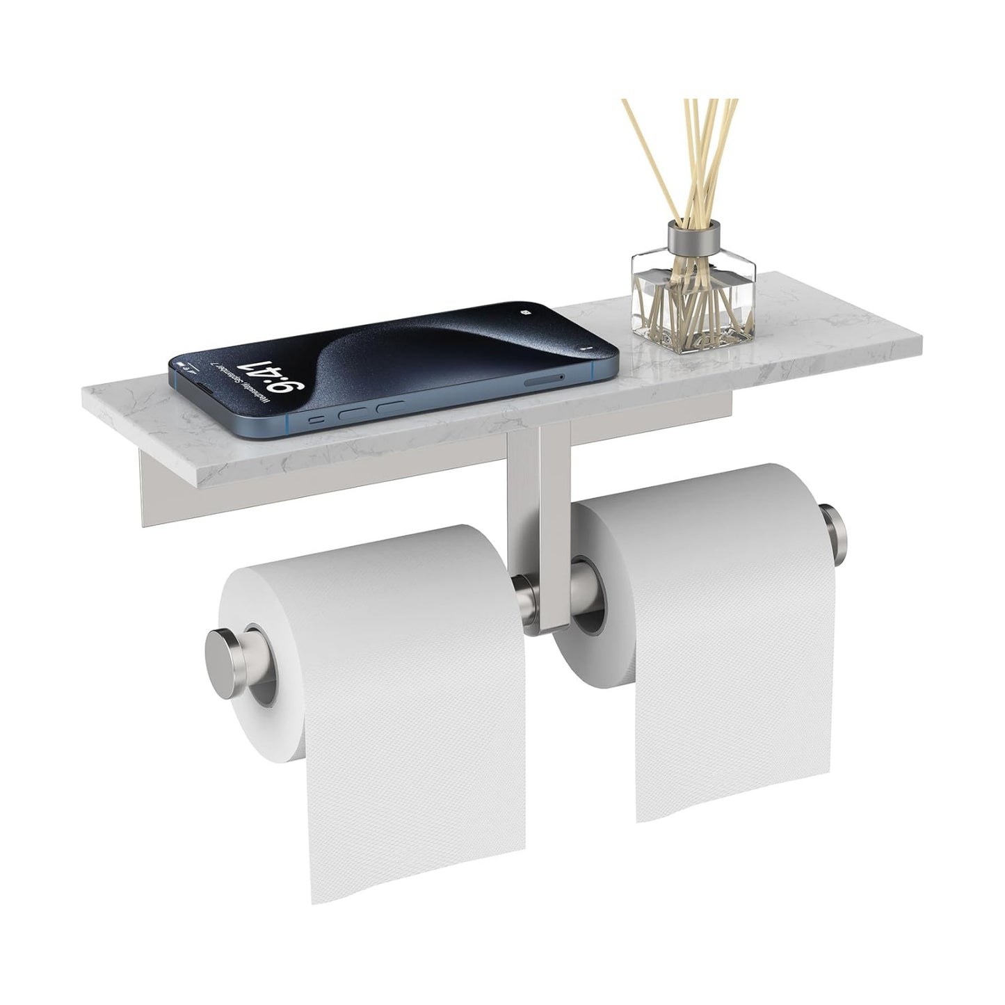 Marble Toilet Paper Holder with Shelf Doulble Bathroom Tissue Roll Holder | Brushed Nickel 304 Stainless Steel Toilet