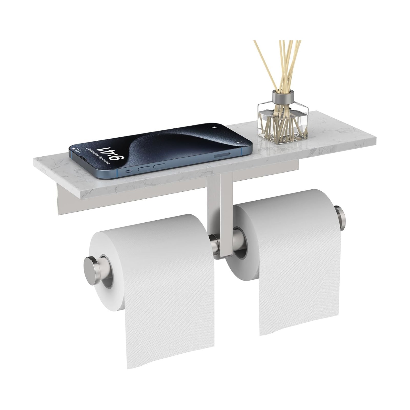 Marble Toilet Paper Holder with Shelf Doulble Bathroom Tissue Roll Holder | Brushed Nickel 304 Stainless Steel Toilet