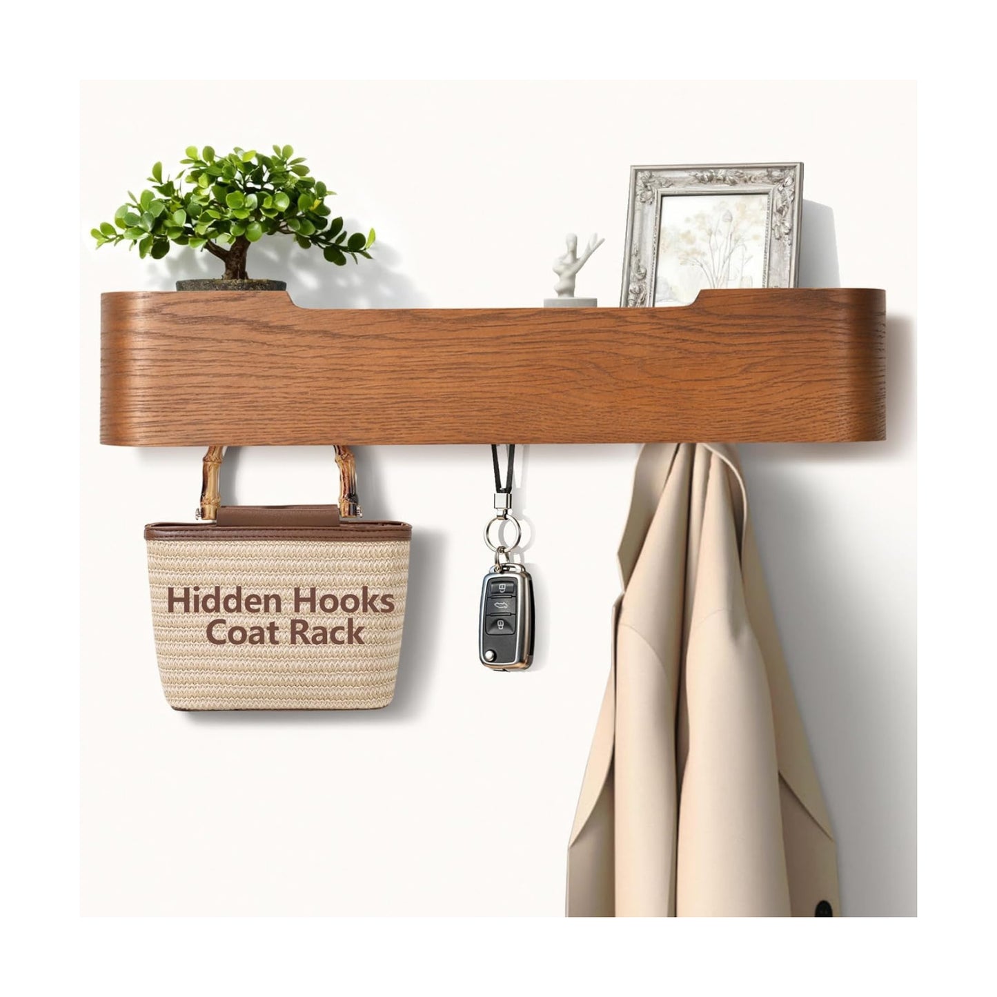 Coat Rack Wall Mount with Hidden Hooks Modern Key Holder Wood Entryway Hook with Shelf for Bedroom Kitchen Hallway