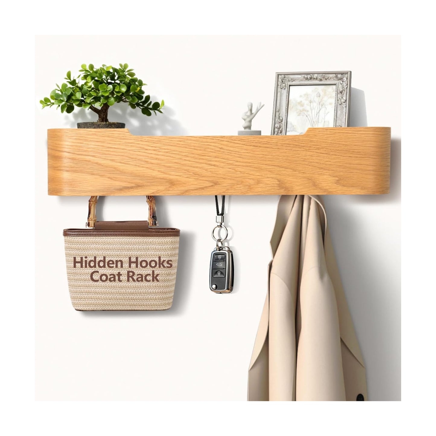Coat Rack Wall Mount with Hidden Hooks Modern Key Holder Wood Entryway Hook with Shelf for Bedroom Kitchen Hallway