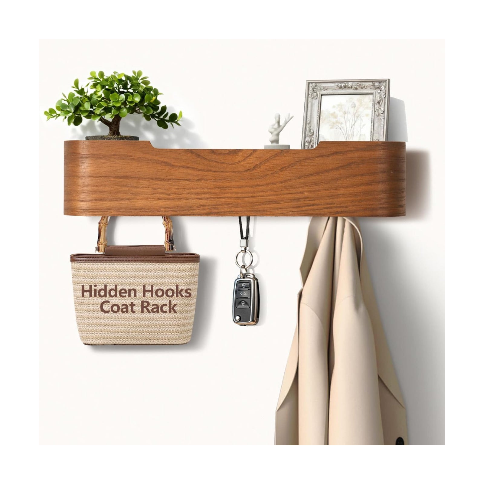 Coat Rack Wall Mount with Hidden Hooks Modern Key Holder Wood Entryway Hook with Shelf for Bedroom Kitchen Hallway