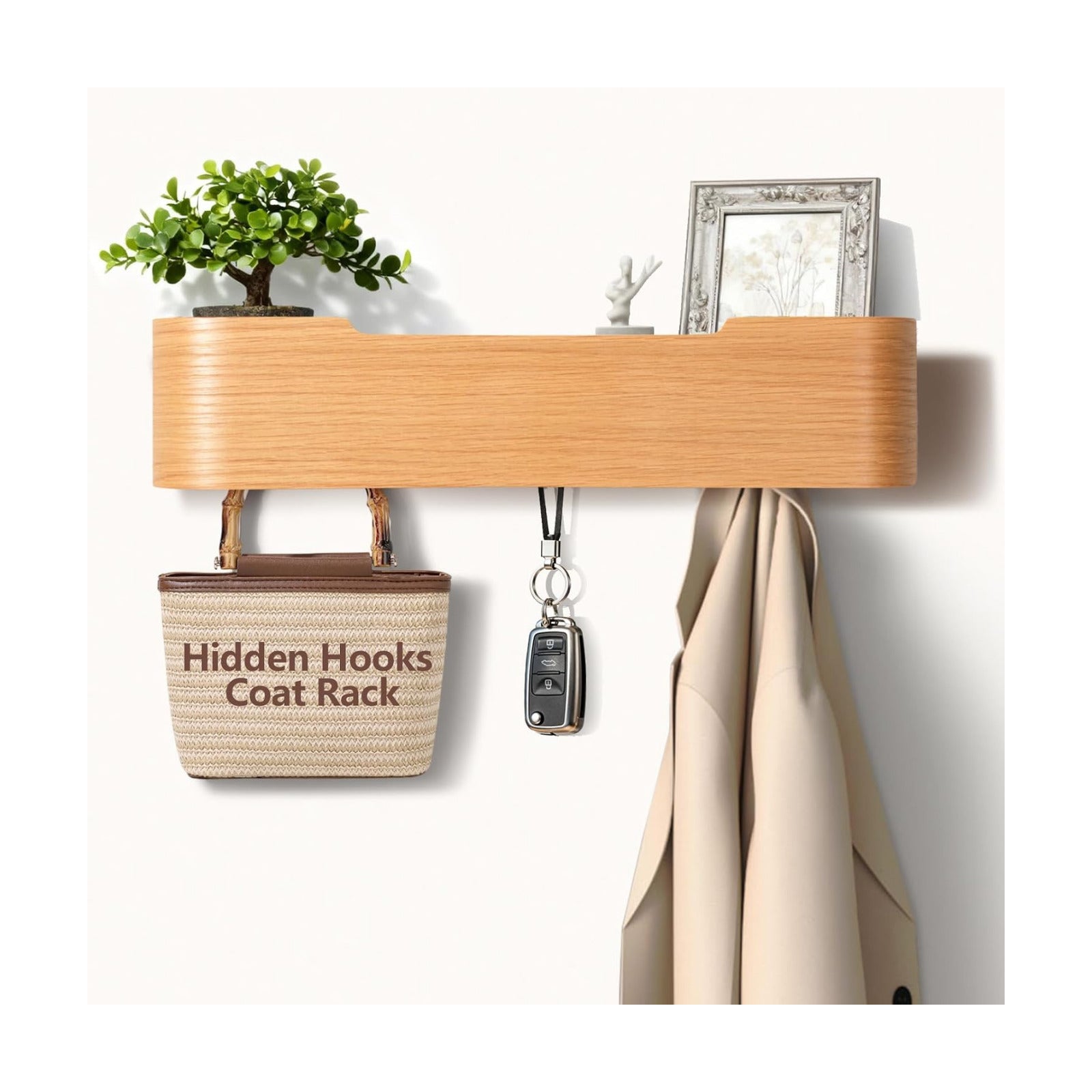 Coat Rack Wall Mount with Hidden Hooks Modern Key Holder Wood Entryway Hook with Shelf for Bedroom Kitchen Hallway