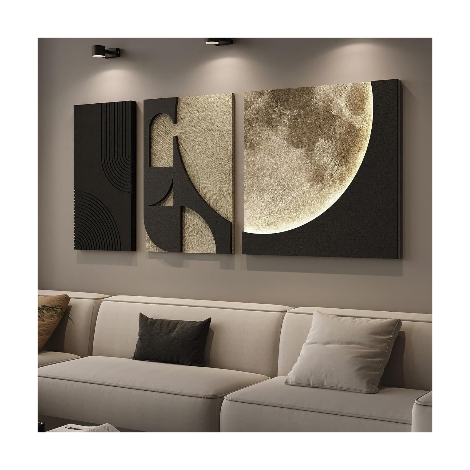 3D LED Wall Art with Moon Design, Lighted Abstract Wall Decor Set, 3 Piece