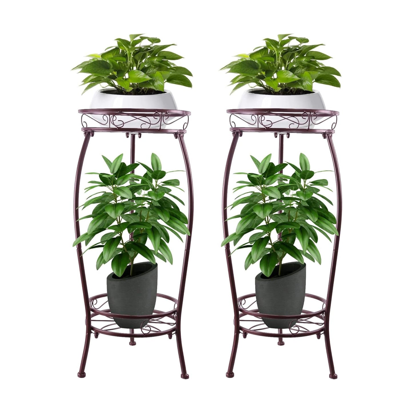 2 Pack 27.1" Plant Stands Indoor Outdoor – 2-Tier Metal Flower Pot Holders, Heavy Duty Rustproof Plant Shelf with Round