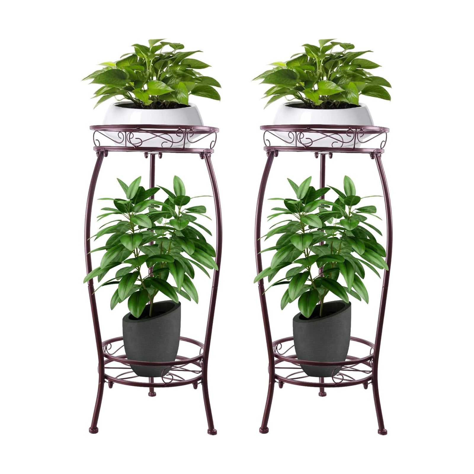 2 Pack 27.1" Plant Stands Indoor Outdoor – 2-Tier Metal Flower Pot Holders, Heavy Duty Rustproof Plant Shelf with Round