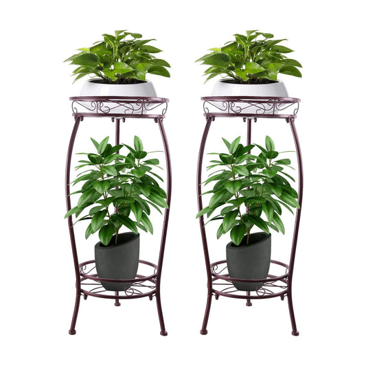 2 Pack 27.1" Plant Stands Indoor Outdoor – 2-Tier Metal Flower Pot Holders, Heavy Duty Rustproof Plant Shelf with Round