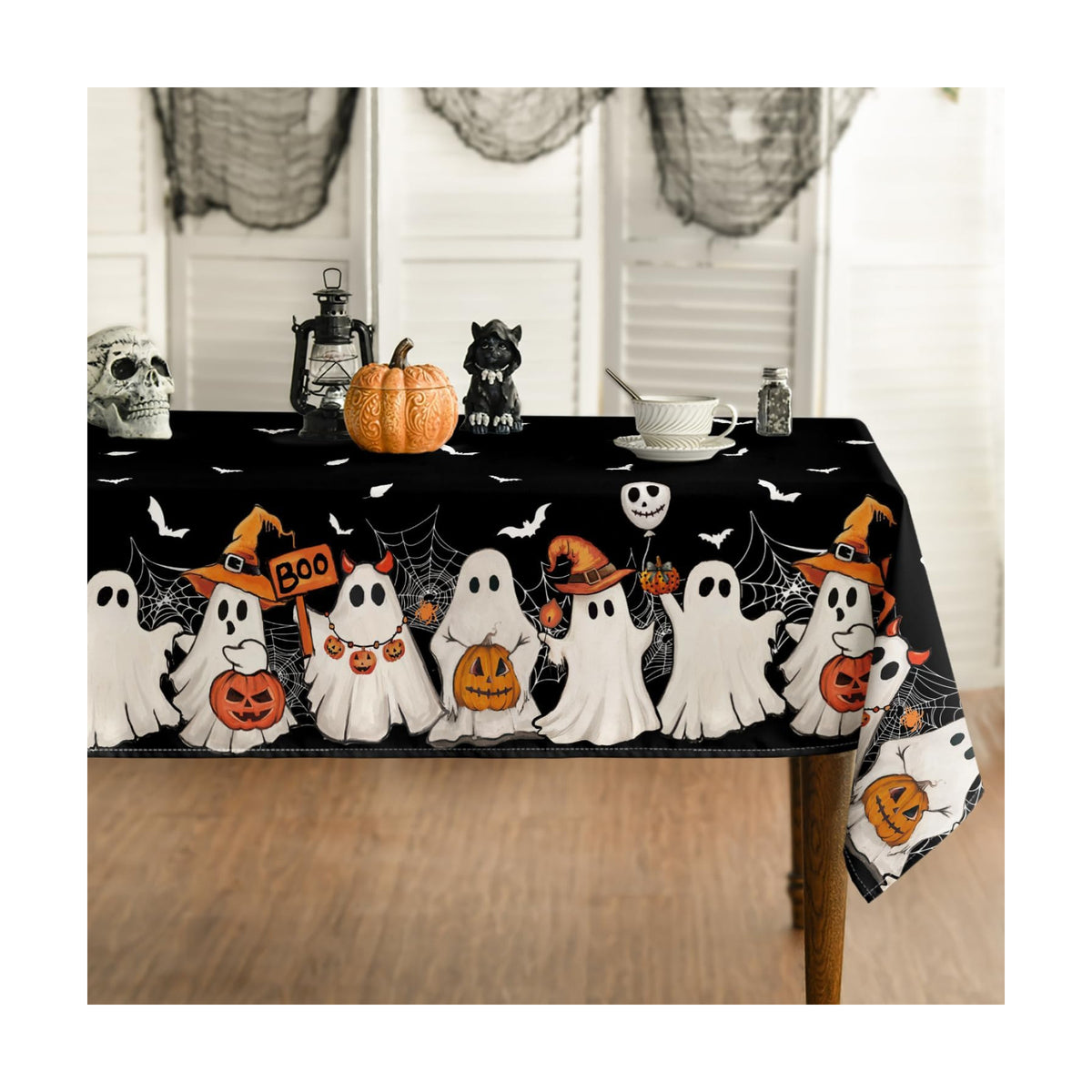 Horaldaily Halloween Tablecloth 60 x 84 Inch Rectangular Black Bat Ghost