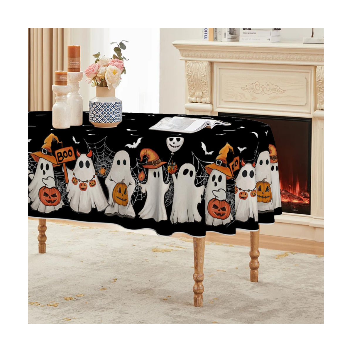Horaldaily Halloween Tablecloth 60 x 84 Inch Oval Black Bat Ghost Spider
