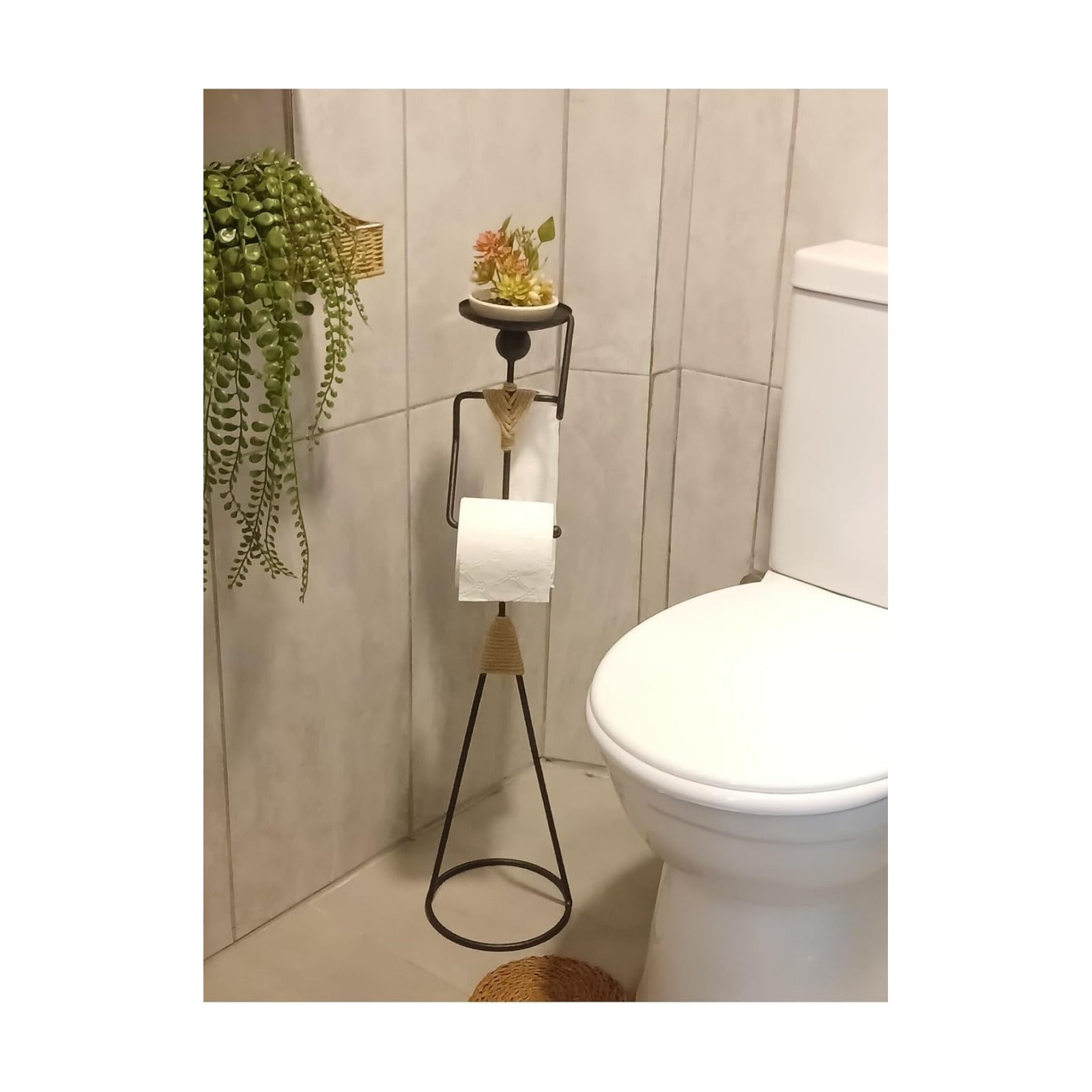 GRANDMIX Funny Standing Toilet Paper Holder with Metal Figurine | Freestanding Bathroom Organizer with Tray for Plant