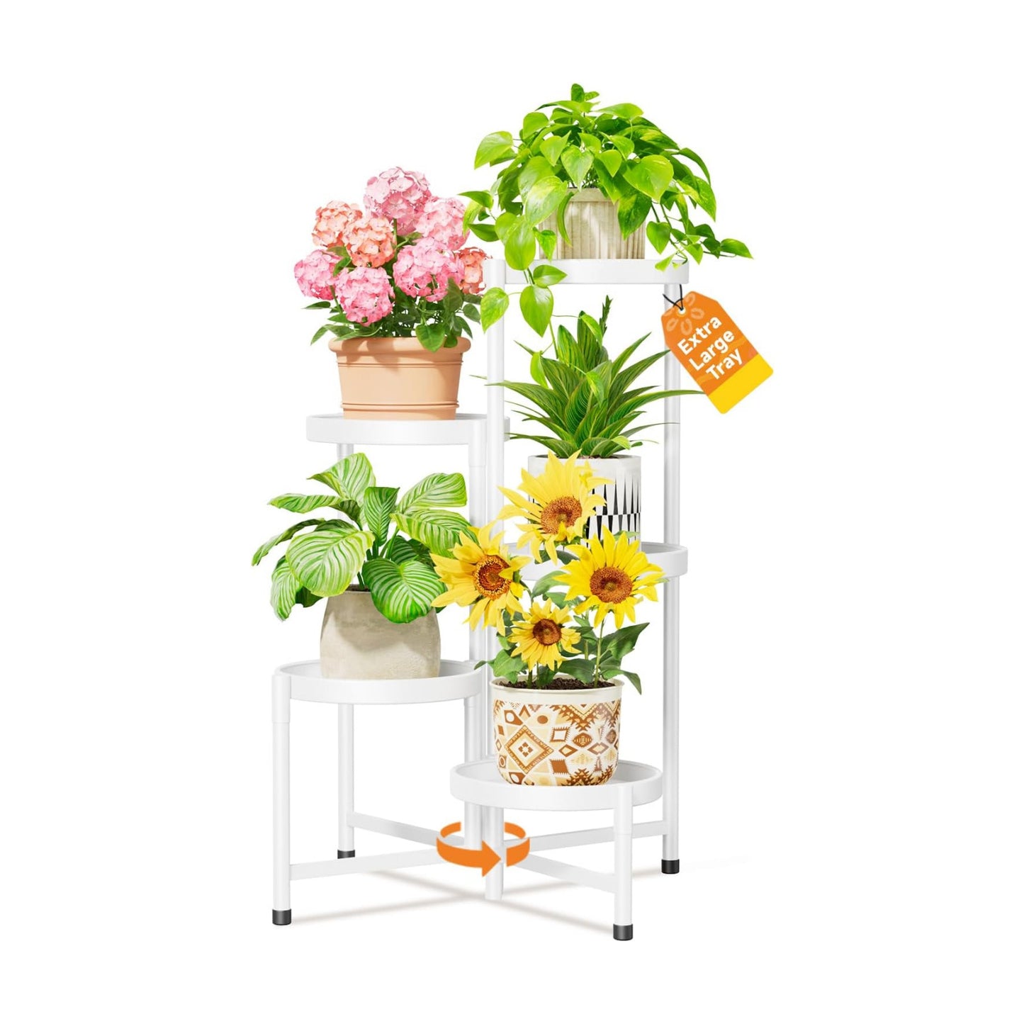 LASZOLA Plant Stand Indoor with 10 Inch Large Metal Tray, 5 Tier White | Corner Tall Folding Flower Display Rack