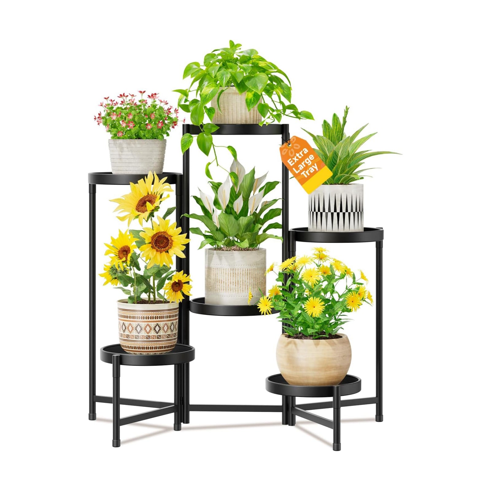 LASZOLA Plant Stand Indoor with 10 Inch Large Metal Tray, 6 Tier Black | Corner Tall Folding Flower Display Rack