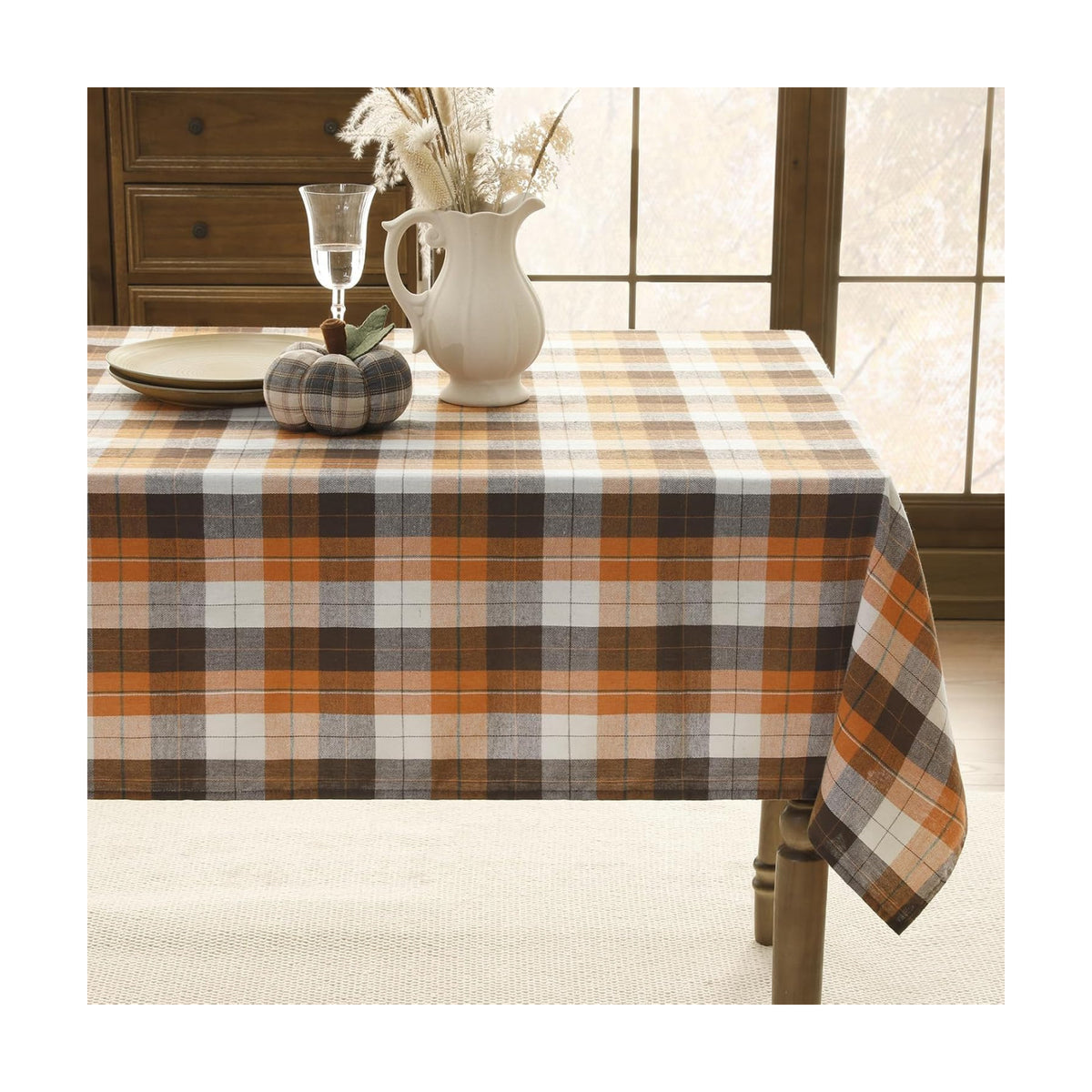 Romanstile Fall Checkered Tablecloth Rectangle, 54 x 80 Inch, Brown