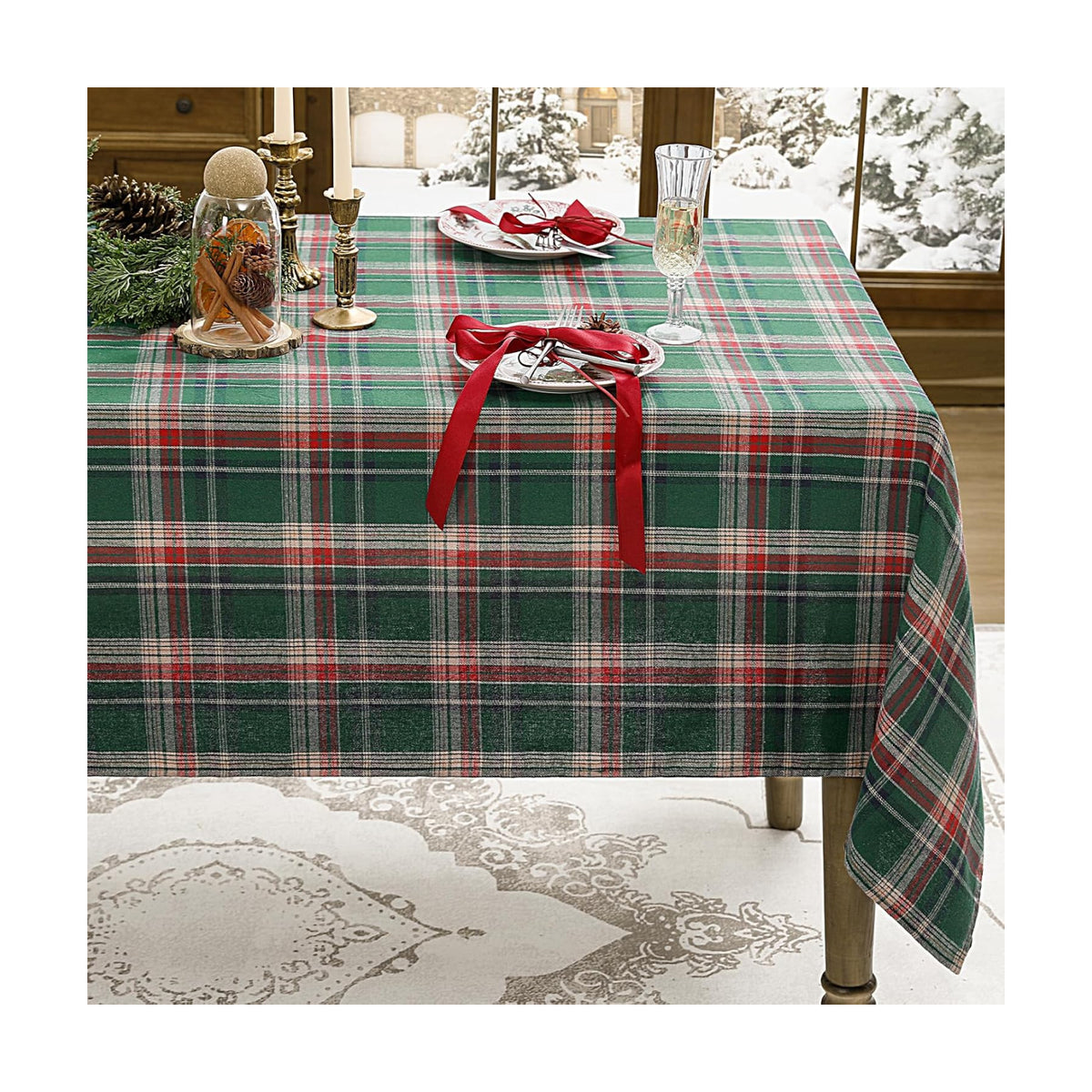 Romanstile Christmas Checkered Tablecloth Rectangle, 54 x 80 Inch, Green
