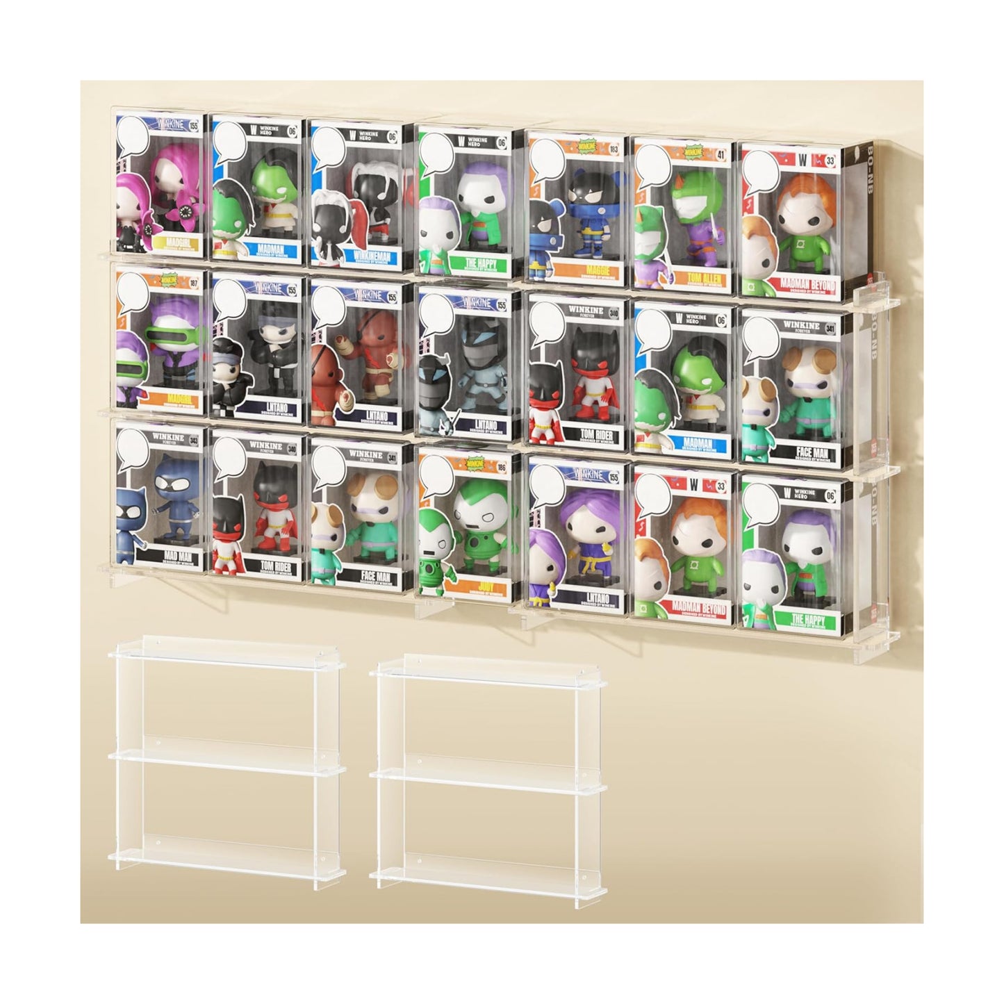 WINKINE Wall Display Shelves Compatible with 21 Funko Pop in Box, Easy Install - Only 2 Screws per Shelf, Acrylic