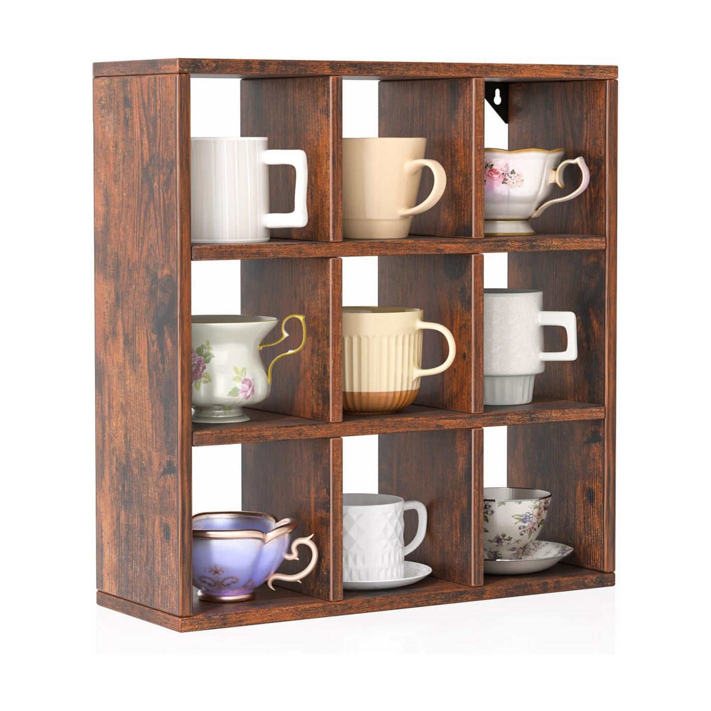 Helsin 9 Grid Vintage Coffee Mug Display Rack, 16inch Wall Mounted Wooden Curio Shadow Box Shelf, Cup Floating Shelves