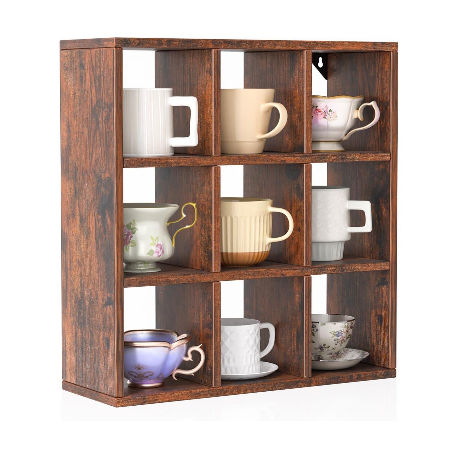 Helsin 9 Grid Vintage Coffee Mug Display Rack, 16inch Wall Mounted Wooden Curio Shadow Box Shelf, Cup Floating Shelves