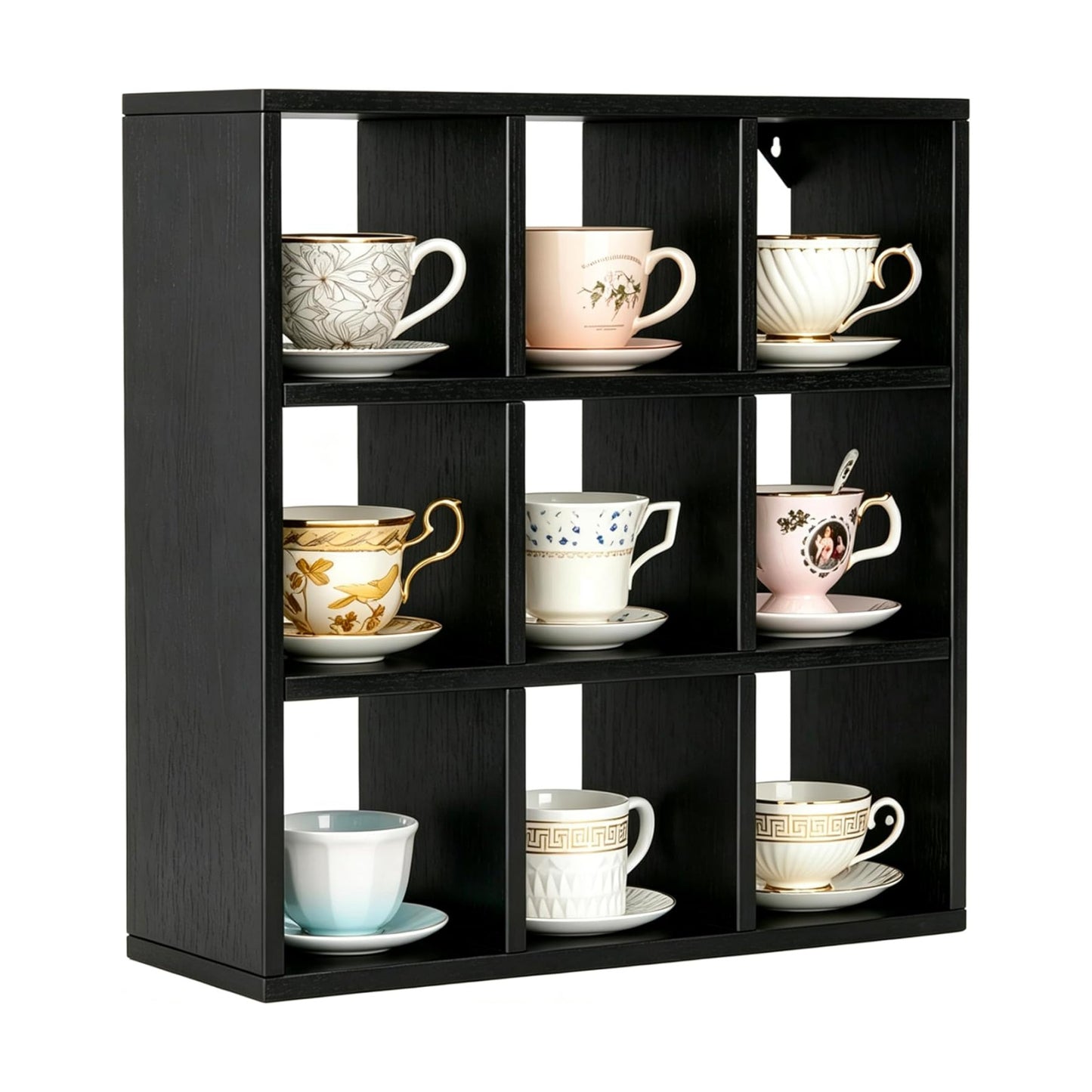 Helsin 9 Grid Vintage Coffee Mug Display Rack, 16inch Wall Mounted Wooden Curio Shadow Box Shelf, Cup Floating Shelves
