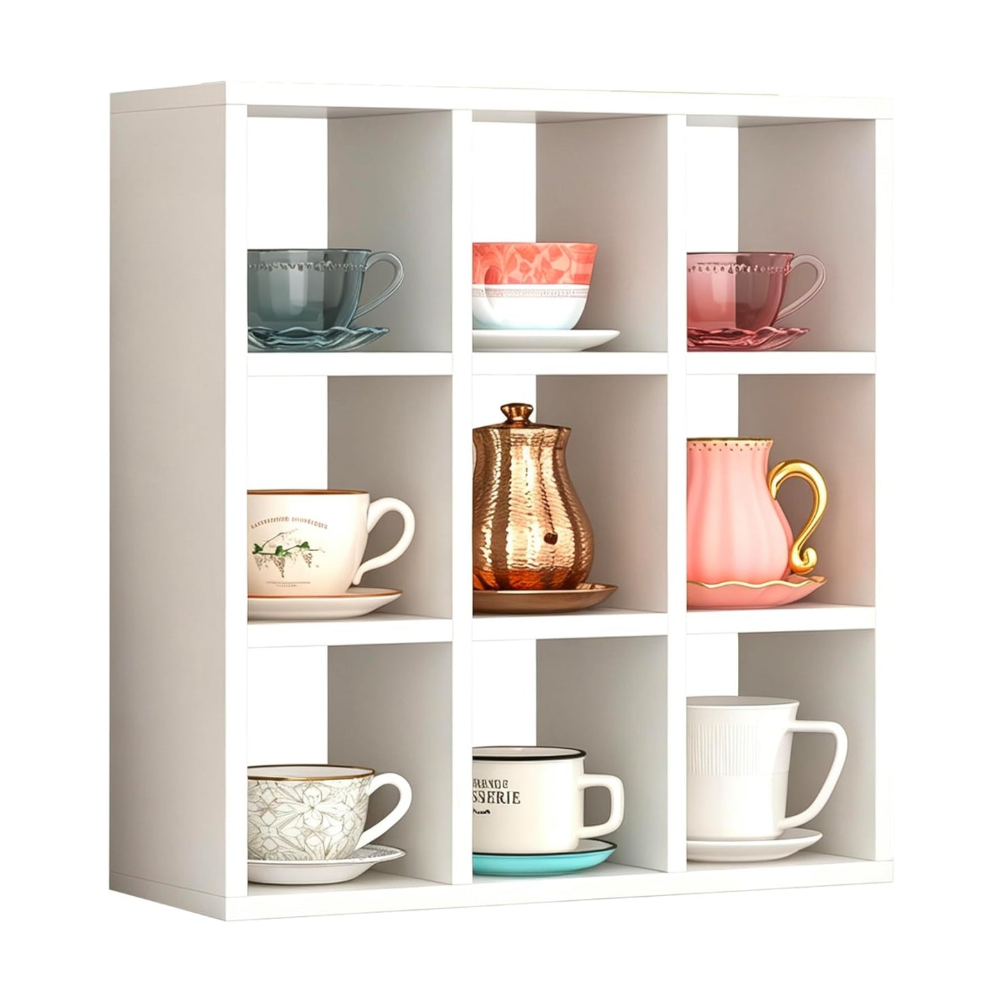 Helsin 9 Grid Vintage Coffee Mug Display Rack, 16inch Wall Mounted Wooden Curio Shadow Box Shelf, Cup Floating Shelves